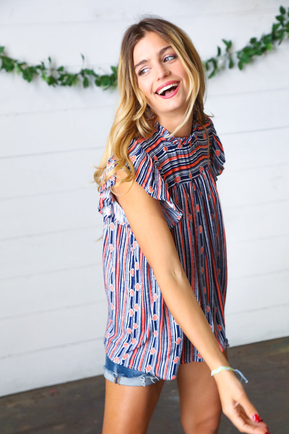 Boho Stripe Flutter Sleeve Top - Navy & Orange Women's Blouse for Casual Wear, Beach Outfits & Summer Fashion