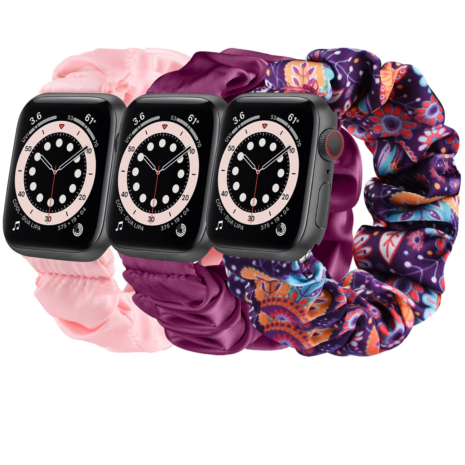 Mugust Scrunchie Bands for Apple Watch 38mm 40mm 41mm 42mm 44mm 45mm - 3 Pack Cute Elastic Solo Loop Bracelet Strap Compatible with iWatch Series 8/7/6/5/4/3/SE/SE2 - Perfect for Workouts, Yoga, and Everyday Fashion Accessory