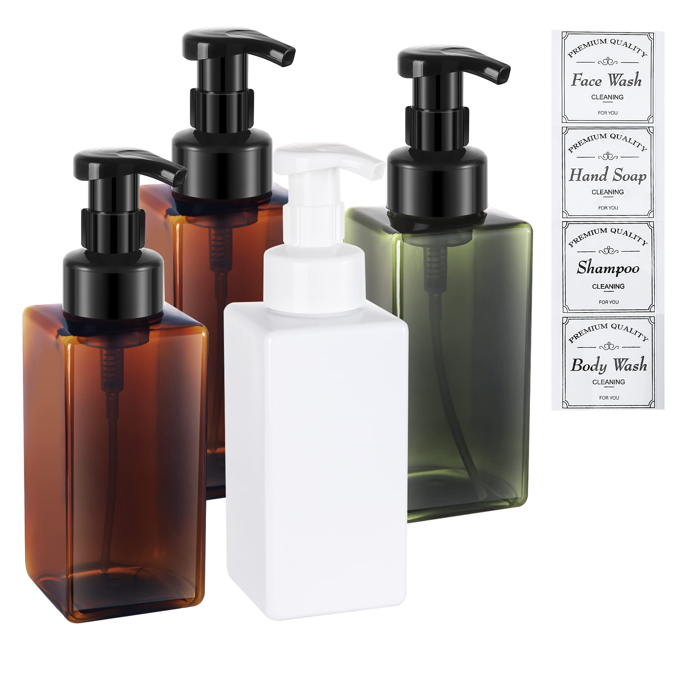 OFODE 17oz Refillable Foaming Soap Dispenser with Pump - Plastic Hand Soap Bottle for Shampoo, Body Wash & Dish Liquid (4-Pack, Amber/Green/White) - Perfect for Kitchen Sink, Bathroom & Home Cleaning Essentials
