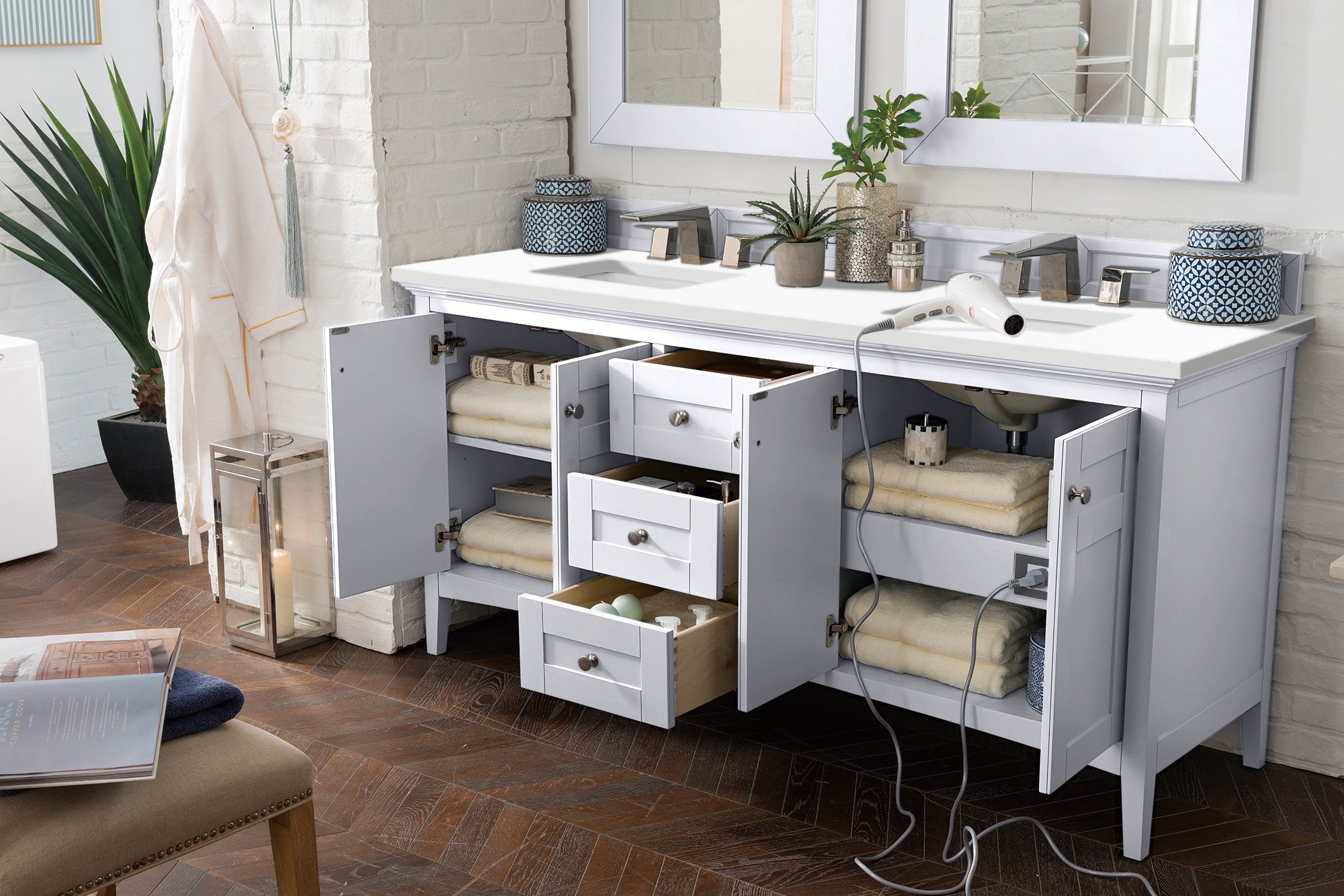 Palisades 72 Inch Double Bathroom Vanity with White Zeus Quartz Countertop - Bright White Finish for Modern Master Bathroom Remodel