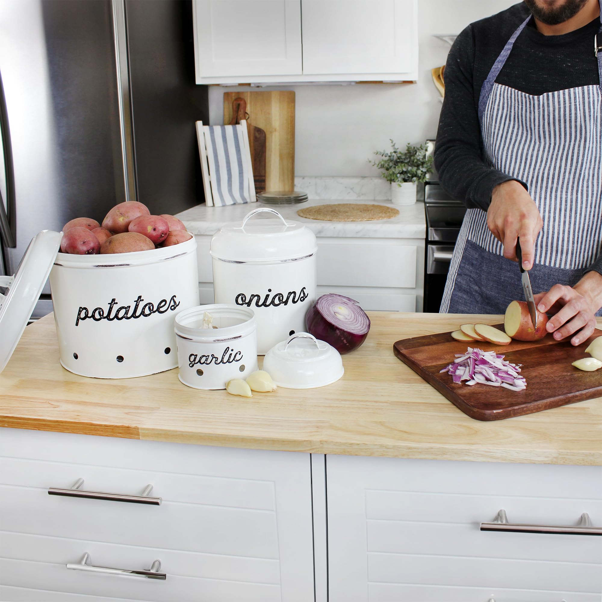 AuldHome Rustic White Enamelware Canister Set - 3-Piece Potato, Onion & Garlic Storage Containers for Kitchen Pantry Organization | Farmhouse Style Vegetable Bins for Countertop or Cabinet Storage