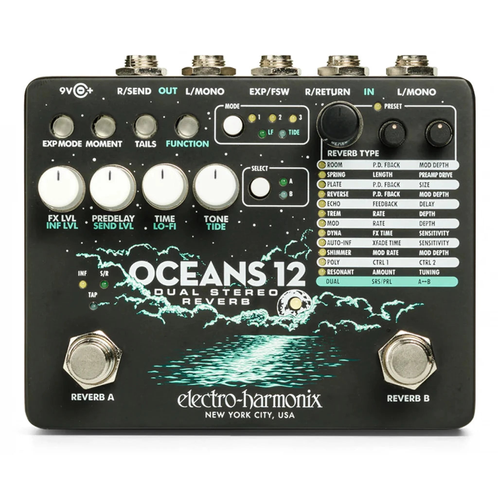 Electro Harmonix Oceans 12 Dual Stereo Reverb Guitar Effects Pedal - Professional Multi-Mode Reverb for Guitarists | Perfect for Studio Recording & Live Performances