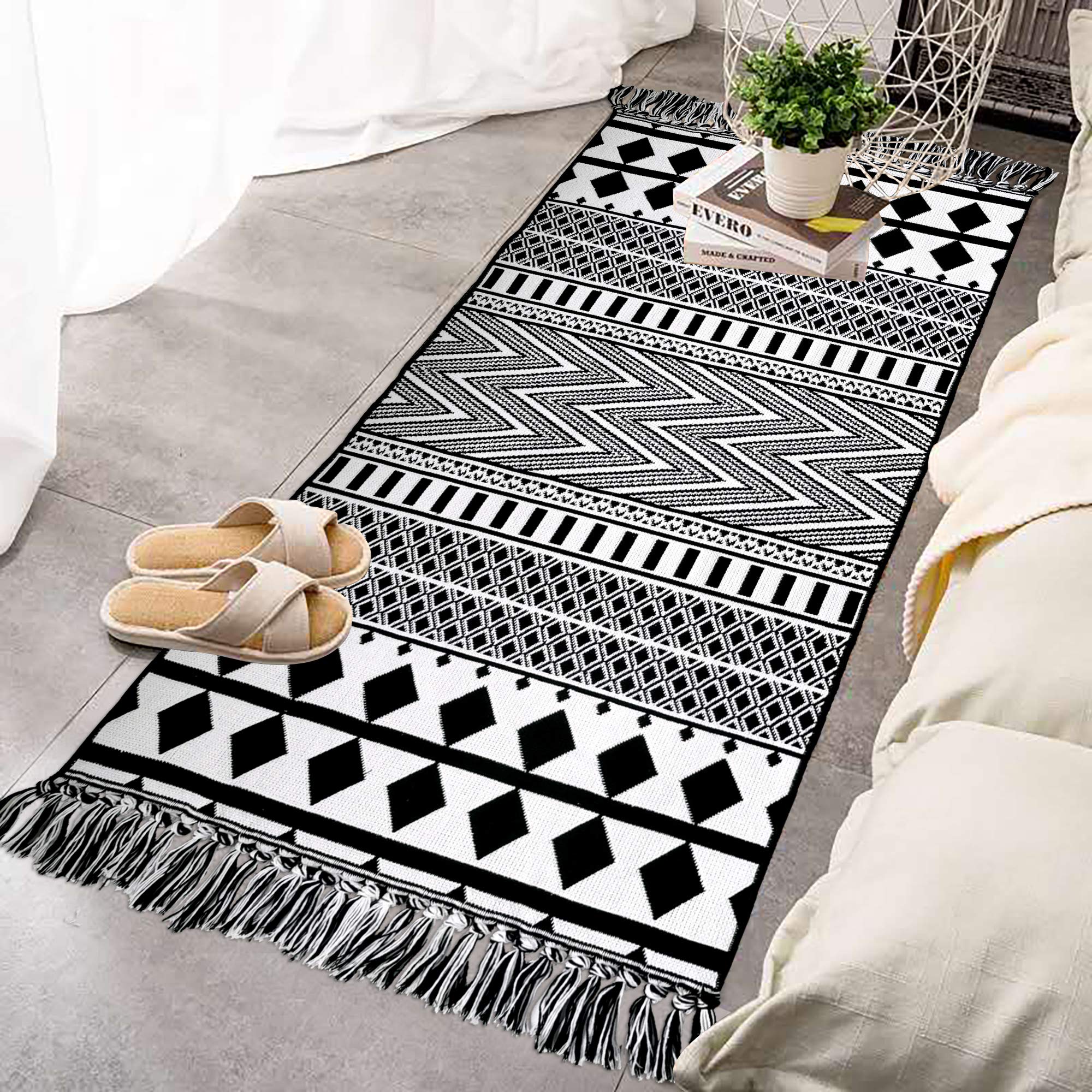 Boho Bathroom Rug Runner with Tassel - 2'x4.3' Reversible Geometric Cotton Rug - Machine Washable Runner for Bathroom, Kitchen, Hallway, Living Room, Bedroom & Laundry - Soft Non-Slip Floor Mat for Home Decor & Comfort