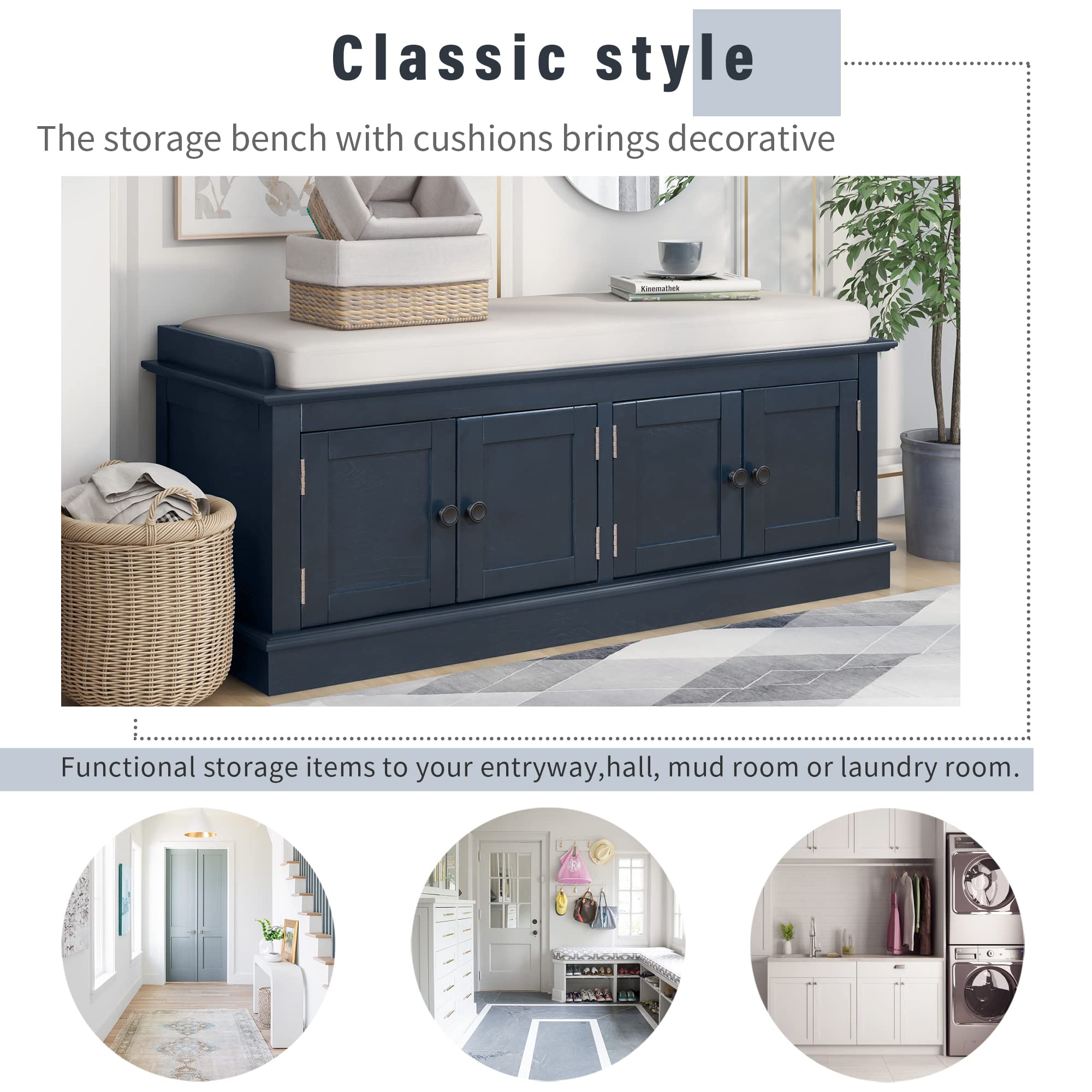 Farmhouse Style Rectangular Fabric Storage Ottoman Bench - Upholstered Entryway Shoe Bench with Tufted Design, Removable Cushion & Adjustable Shelves - Perfect for Living Room, Bedroom, or Hallway Organization
