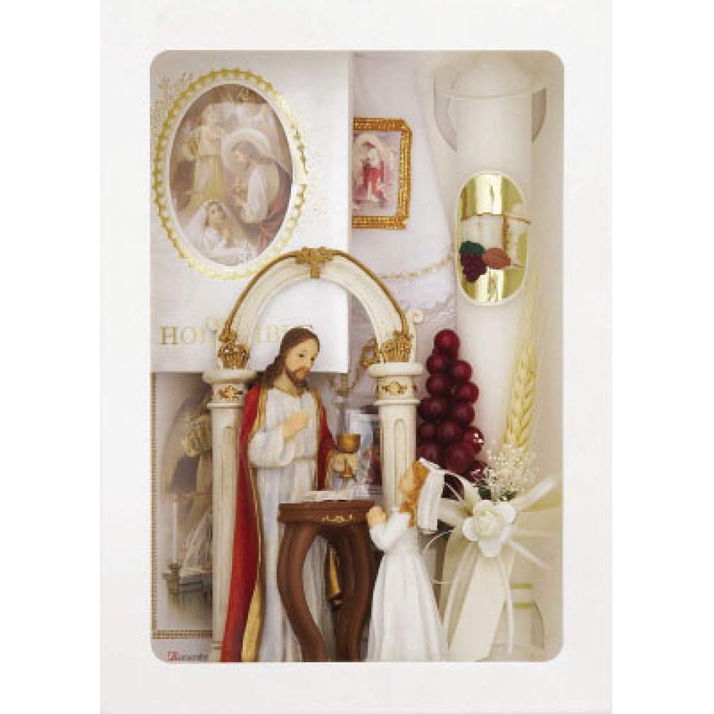 First Communion Gift Set for Girls - White Candle, Rosary, Keepsake Statue & Missal Book | Perfect for Catholic Baptism, Confirmation & Religious Ceremonies