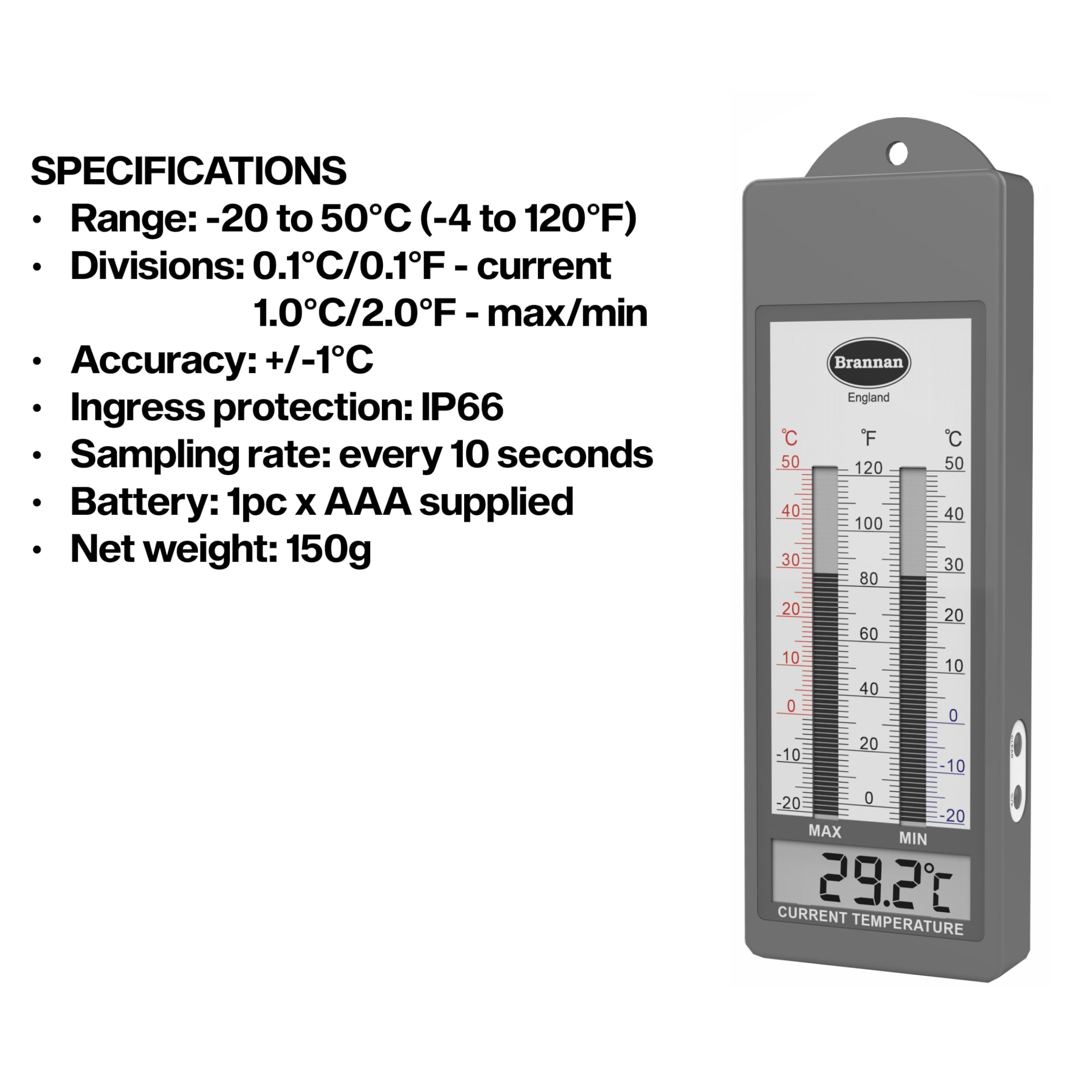 Brannan Waterproof Max Min Greenhouse Thermometer - Indoor/Outdoor Garden Thermometer with Max/Min Recording for Greenhouses, Hydroponics & Plant Nurseries | Perfect for Monitoring Temperature in Grow Tents, Cold Frames & Backyard Gardens