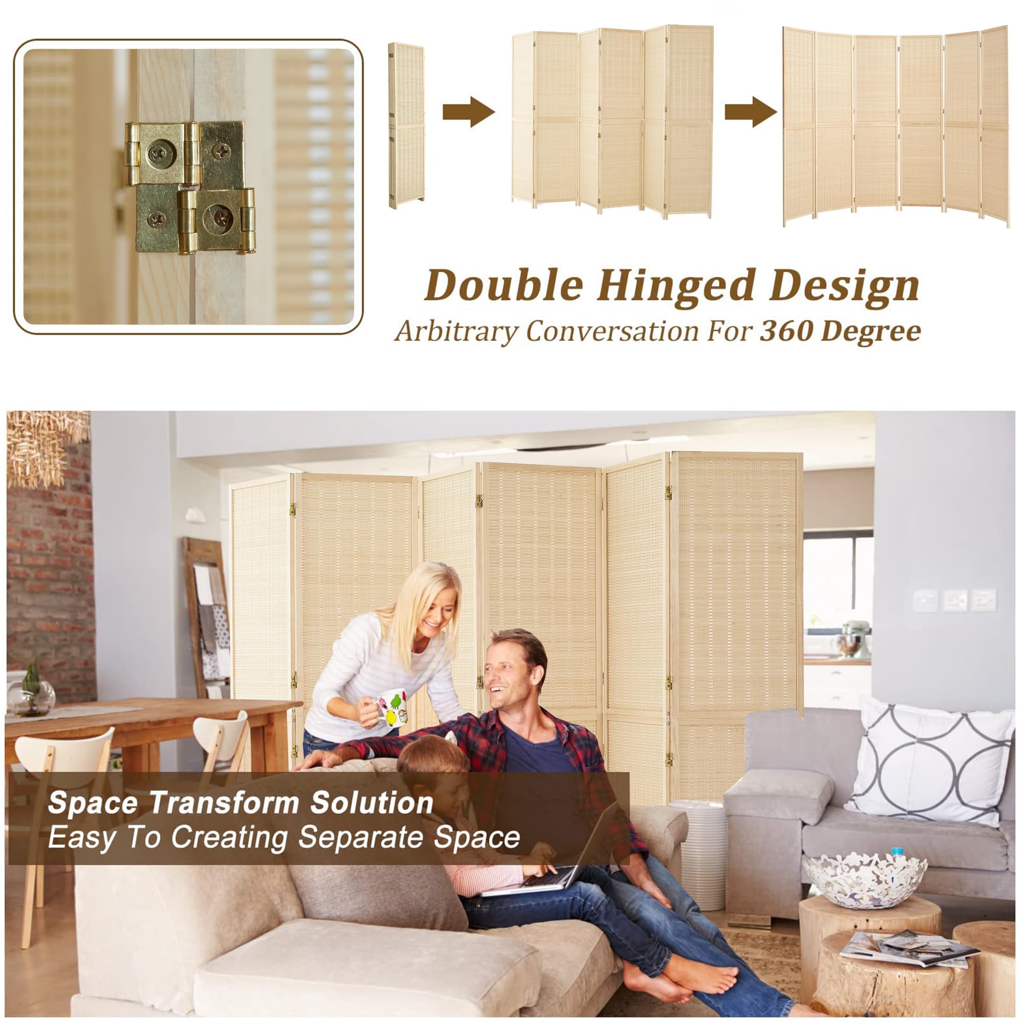 Duraspace 6 Panel Bamboo Room Divider - 6ft Tall Folding Privacy Screen for Home Office, Bedroom Separation & Portable Freestanding Wall Partition - Sturdy Double Hinge Folding Screen for Indoor Decor, Yoga Studio & Event Spaces