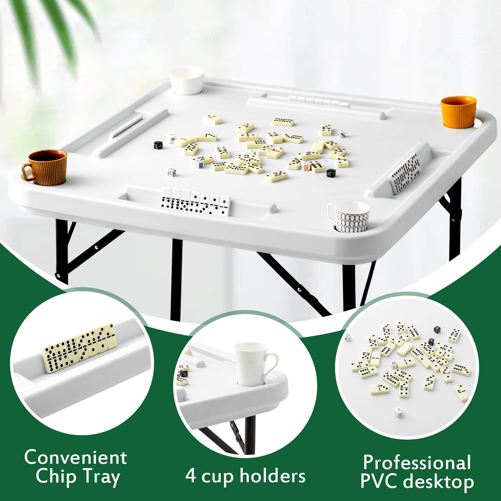 Foldable Plastic Domino Game Table with Cup Holders & Card Slots - Anti-Scratch Waterproof Portable Board Game Table for Mahjong, Poker, Cards & Dominoes (White) | Perfect for Family Game Nights, Parties & Outdoor Gatherings
