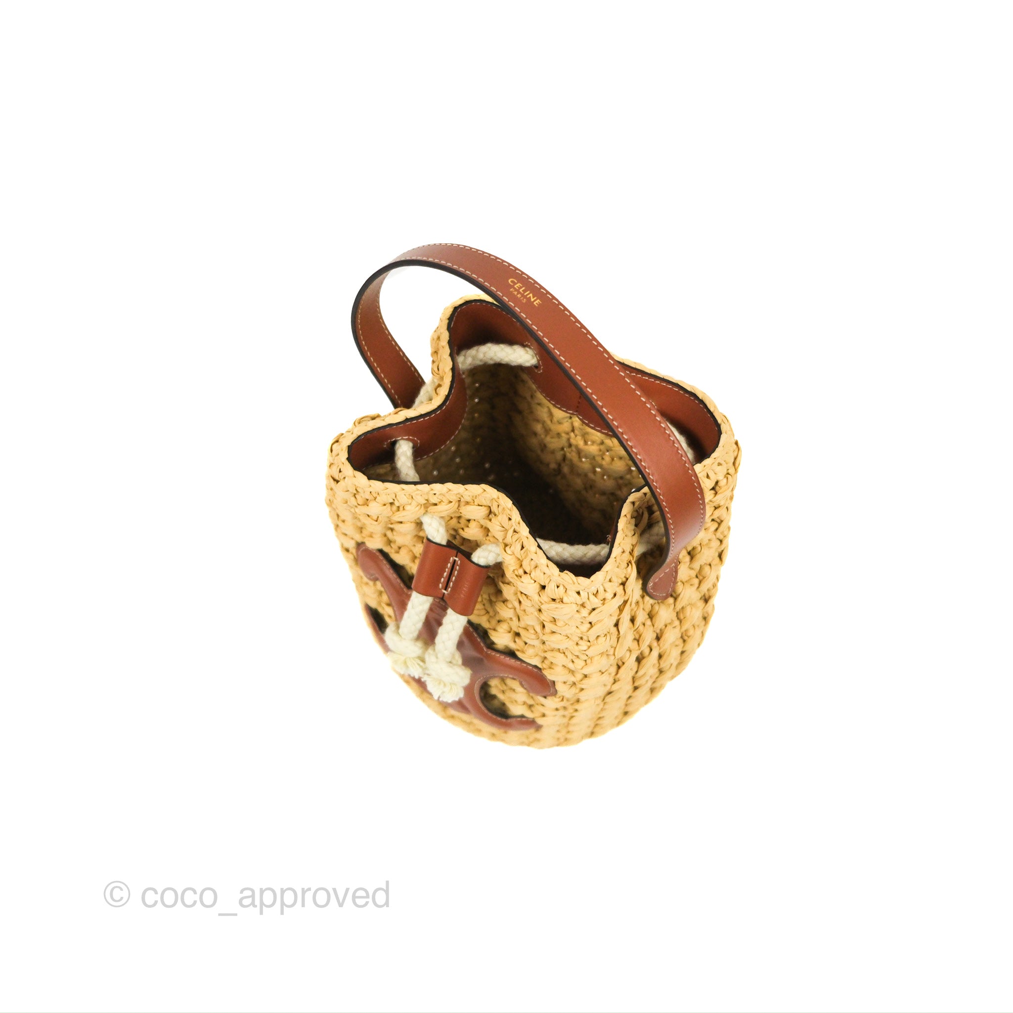 Celine Teen Drawstring Bucket Bag in Raffia & Natural Tan Calfskin - Stylish Summer Beach Tote for Women | Perfect for Vacation, Travel and Everyday Use