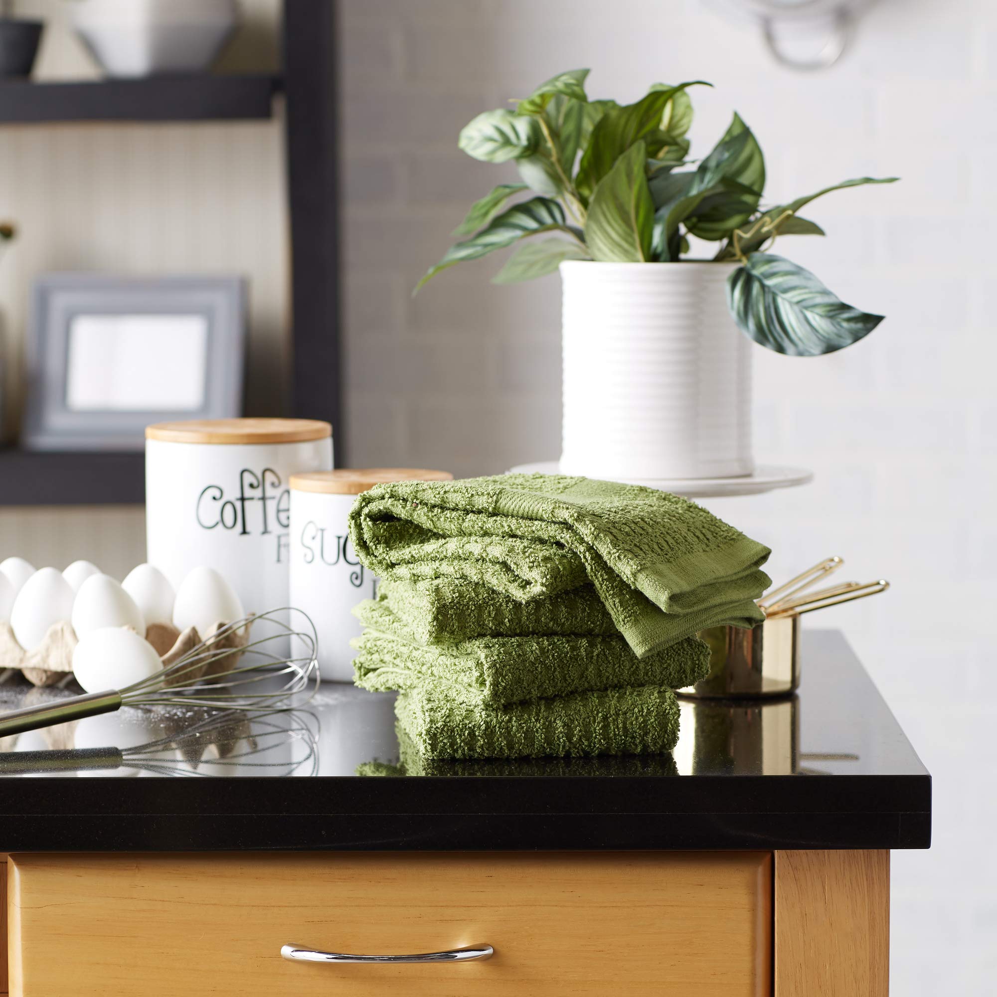 DII Basic Terry Collection Waffle Dishtowel Set - 15x26 Inches, 4-Piece Kitchen Towels in Solid Antique Green | Absorbent Dish Cloths for Drying, Cleaning & Decorating
