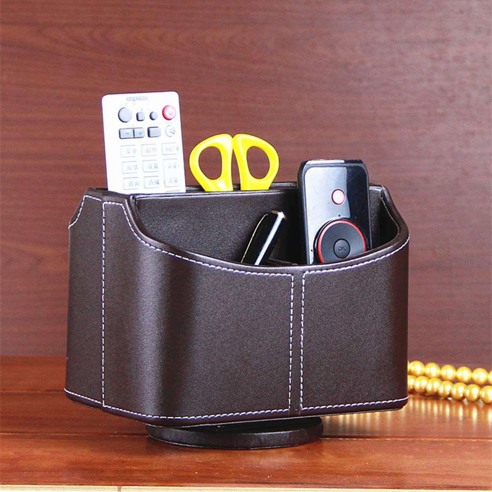 360° Rotating PU Leather Remote Control Holder - Desk Organizer for TV Remotes, Mail, Pens & Electronics | Compact Storage Box for Living Room, Office & Bedroom (Brown)