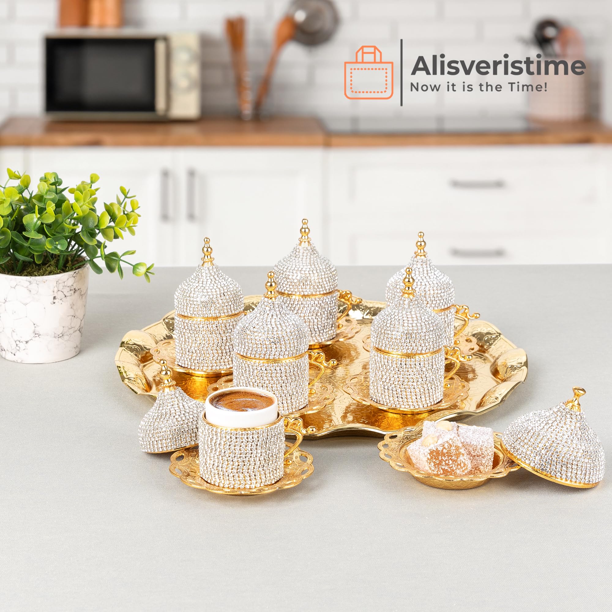 27-Piece Turkish Coffee Set with Crystal Embellishments – Gold Zamac Espresso Cups, Saucers & Sugar Bowl with Decorative Tray – Elegant Home Decor for Entertaining Guests, Afternoon Tea, or Gift Giving