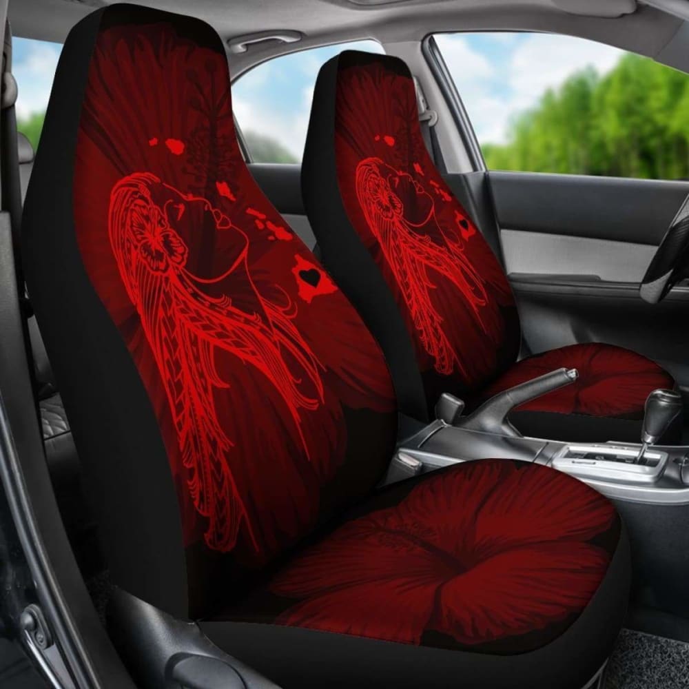 Premium Alohawaii Car Seat Covers - Hawaiian Hula Girl & Hibiscus Floral Design with Island Map in Vibrant Red (232125) - Perfect for Beach Trips, Summer Road Travel & Tropical-Themed Vehicle Decor