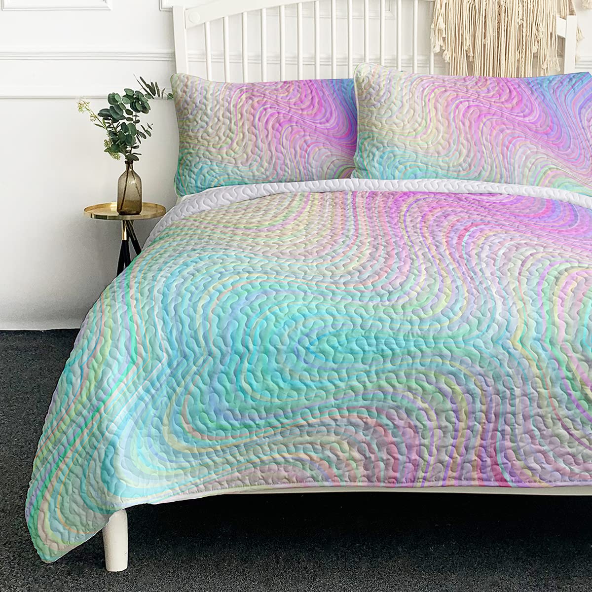 Blessliving Kids Girls Rainbow Quilt Bedding Set - Pastel Marble Abstract Pattern Queen Size (90