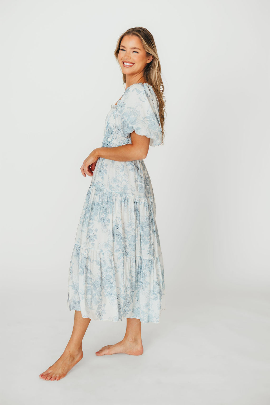 Elena Floral Print Smocked Midi Dress in Blue - Bump Friendly Maternity Dress & Inclusive Sizing for Women - Perfect for Baby Showers, Bridal Events & Summer Weddings
