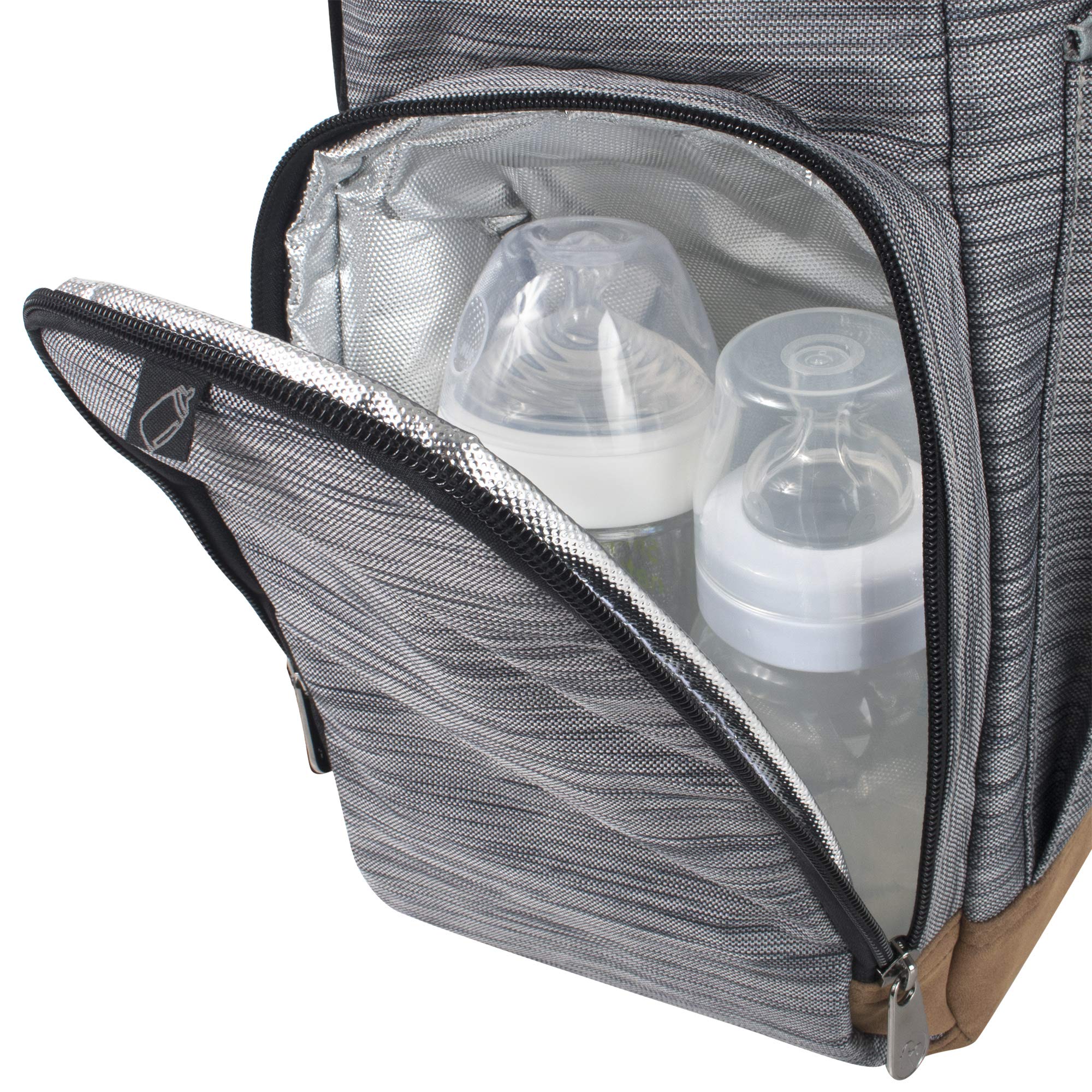 Fisher-Price Insulated Baby Backpack with Drawstring, Stroller Clips & Wipe Storage Pocket - Light Gray Cairn Design for Diaper Bags, Daycare & Travel Essentials