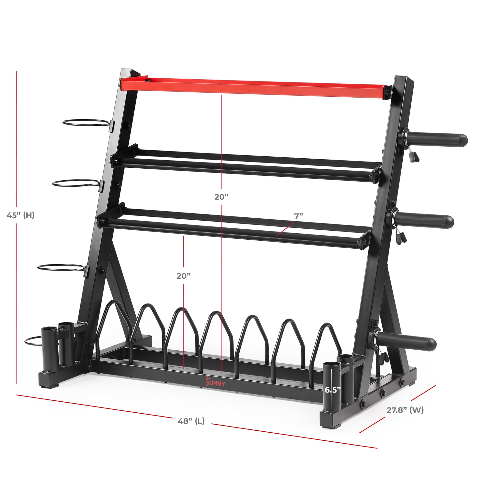 Sunny Health & Fitness Multi-Weight Storage Rack Stand - Organize Dumbbells, Kettlebells, Olympic Plates & Barbells - Perfect for Home Gym & Garage Workouts