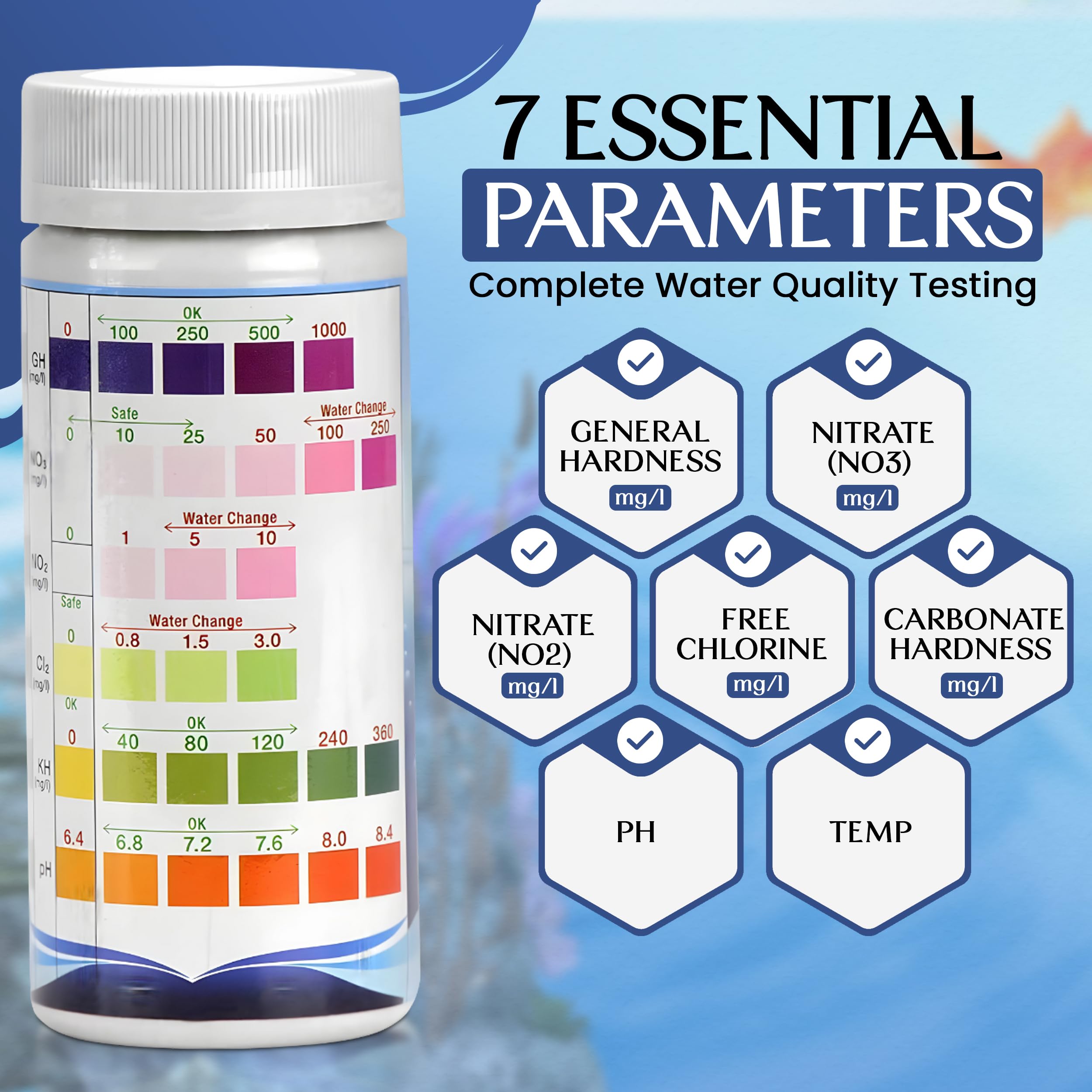 7 in 1 Aquarium Test Strips Kit - 100 Fast & Accurate Fish Tank Water Test Strips with Thermometer - Essential Water Testing for Freshwater & Saltwater Aquariums, Ponds - Monitor pH, Nitrate, Nitrite, Chlorine Levels for Healthy Fish
