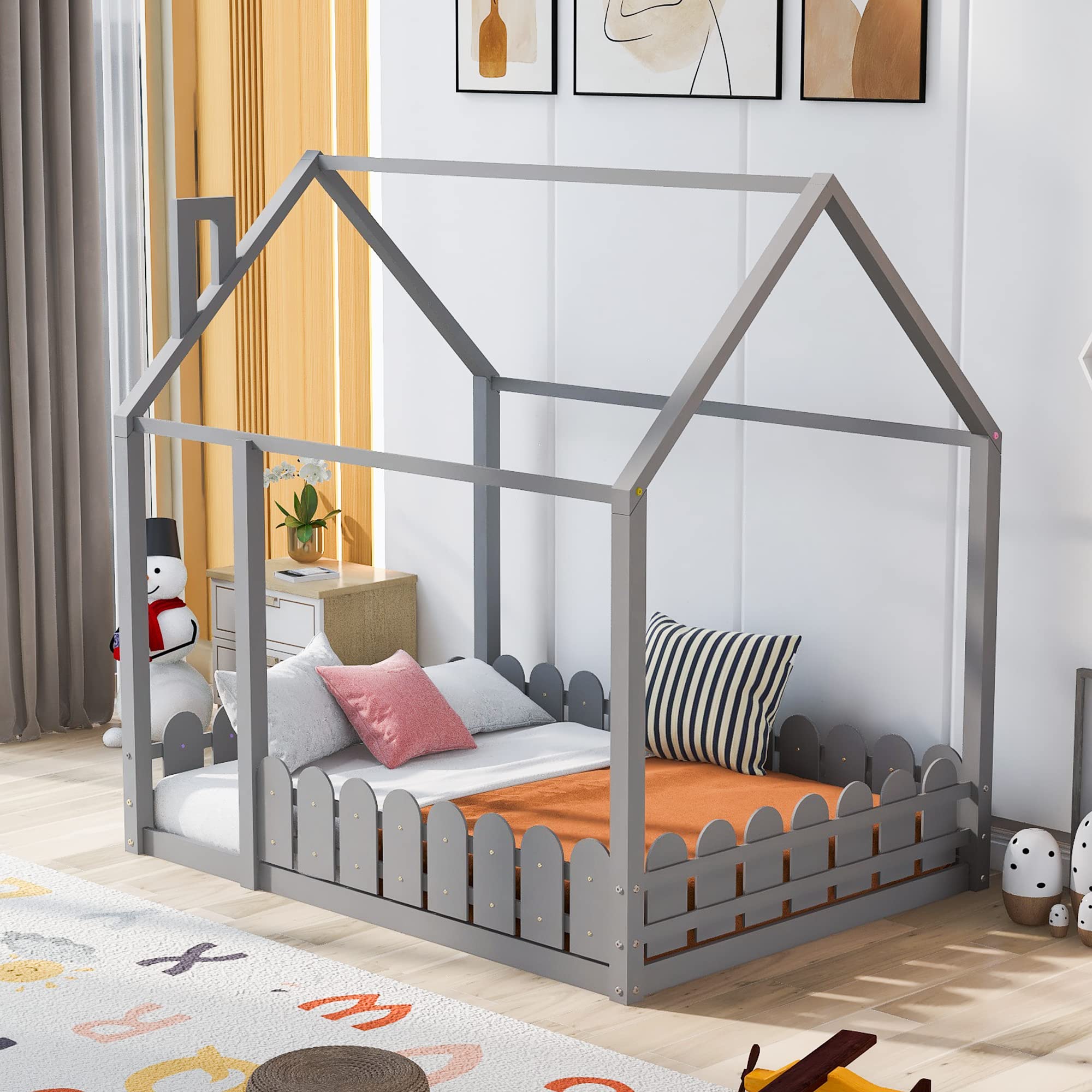 AOCOROE Full Size House Bed for Kids - Wooden Playhouse Canopy Bed Frame with Roof & Fence, Low Profile Platform Bed - Perfect for Bedroom, Playroom & Montessori Style Decor (Grey)