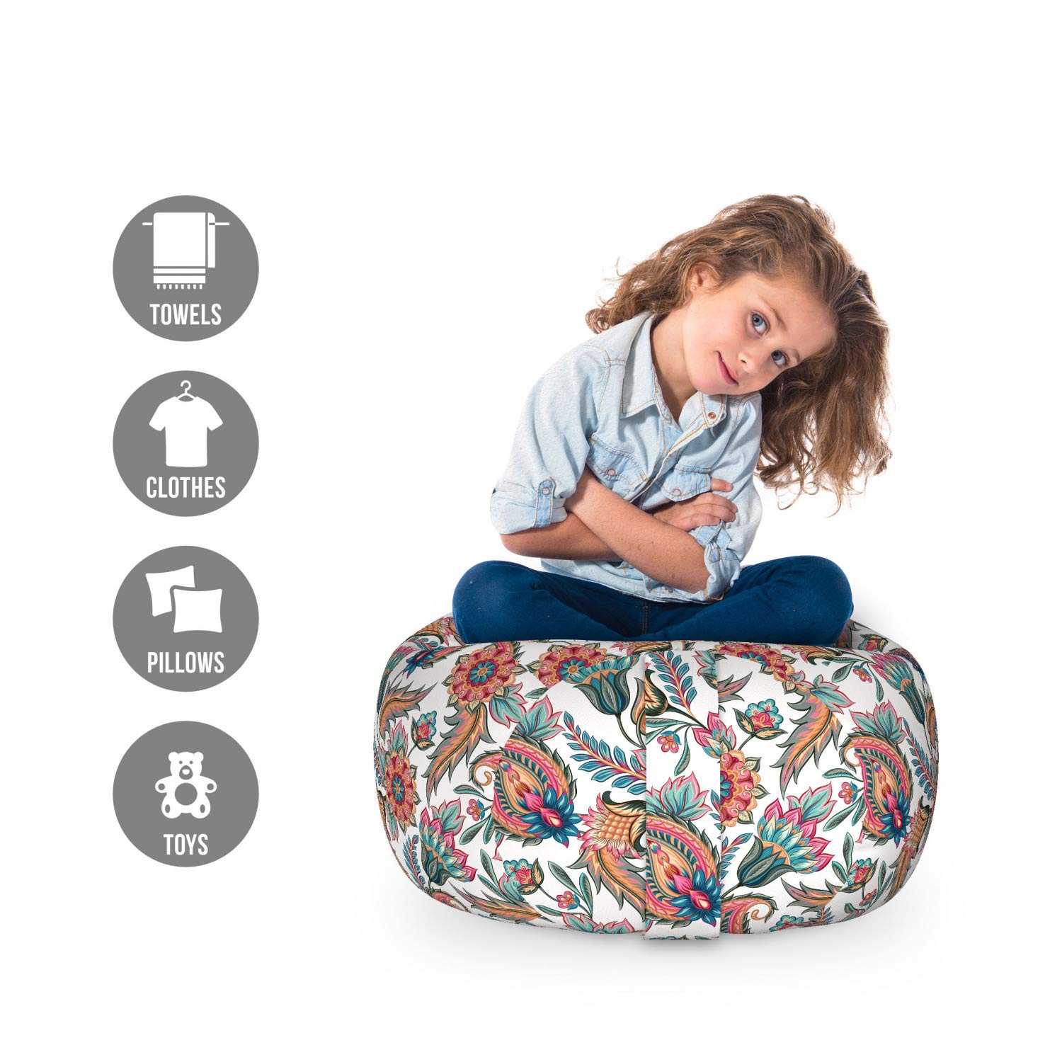 Ambesonne Paisley Storage Toy Bag Chair - Washable Stuffed Animal Organizer with Classical Tribal Floral Motifs, Small Multicolor - Perfect for Kids' Room, Nursery, and Playroom Organization