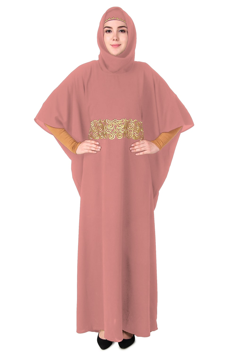 Handmade Gold Embroidered Waist Accent Kaftan Dress - Elegant Beach Cover Up & Boho Chic Homewear for Women