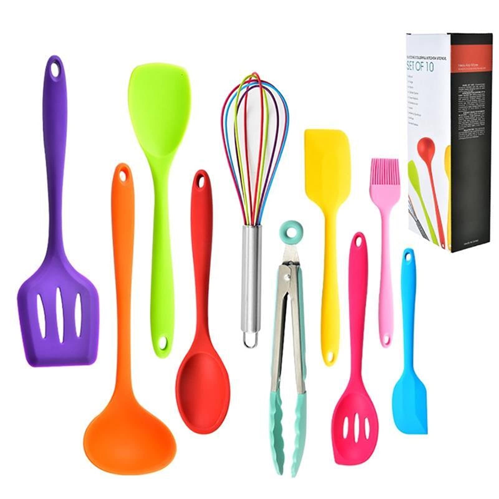 MIAOMSI 10-Piece Silicone Kitchen Utensil Set - Heat-Resistant Spatula, Grill Tongs, Oil Brush for Cooking, Baking & BBQ - Non-Slip Grip Kitchen Tools for Sauteing, Flipping & Grilling