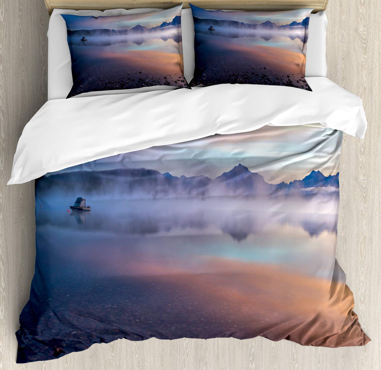 Ambesonne Glacier National Park Duvet Cover Set - King Size 3-Piece Bedding with 2 Pillow Shams | Scenic Foggy Sunrise Landscape Design | Multicolor Decorative Comforter Cover for Cozy Bedroom & Guest Room Decor