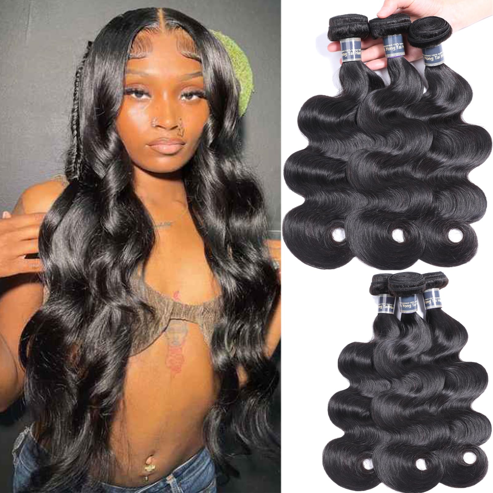 100% Brazilian Virgin Human Hair Bundles - 20, 22, 24 Inch 3 Bundles - Unprocessed Body Wave Hair Extensions (1B Color) for Natural Look & Volume - Perfect for Daily Wear, Parties & Special Occasions