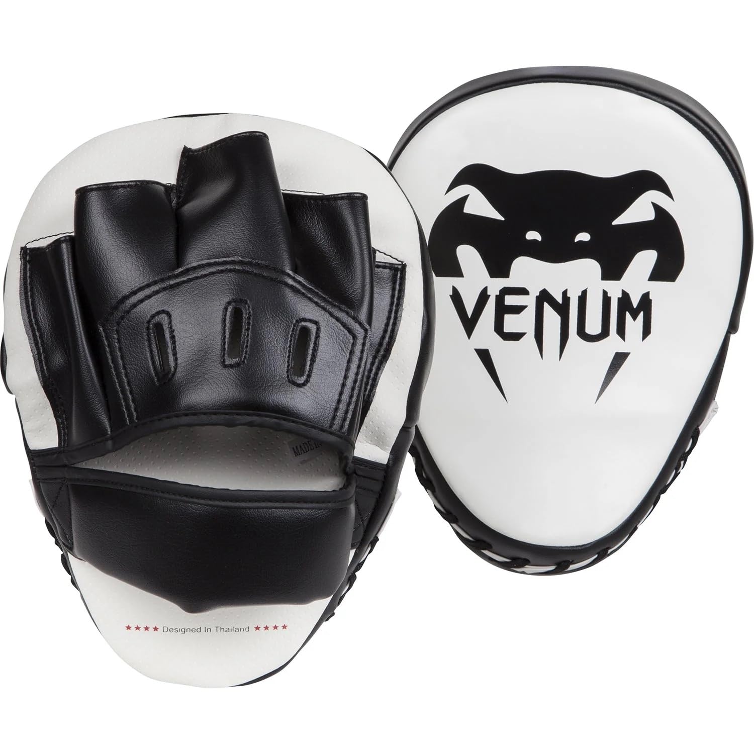 Venum Elite Thick Boxing Coaching Mitts - Premium Leather MMA Training Mitts for Kickboxing & Muay Thai (Pair, Black/White) - Perfect for Trainers & Fighters