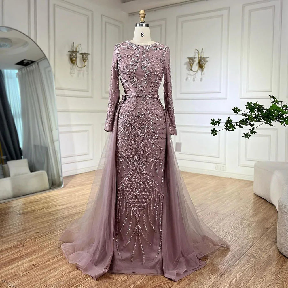 Elegant Muslim Silver Mermaid Evening Gown with Detachable Beaded Overskirt - Women's Formal Wedding & Party Dress LA71919 | Perfect for Bridal Showers, Red Carpet Events & Special Occasions