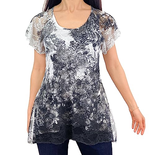 Flutter Short Sleeve - Black Multi Floral/White Stretch Lace