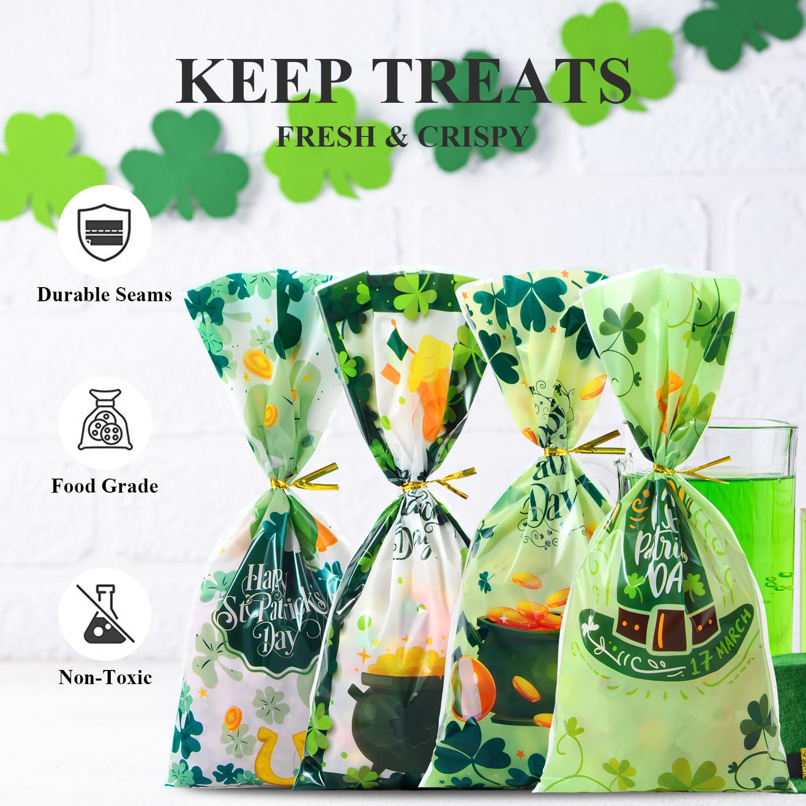 50 Pcs Green St. Patrick's Day Cellophane Treat Bags 5