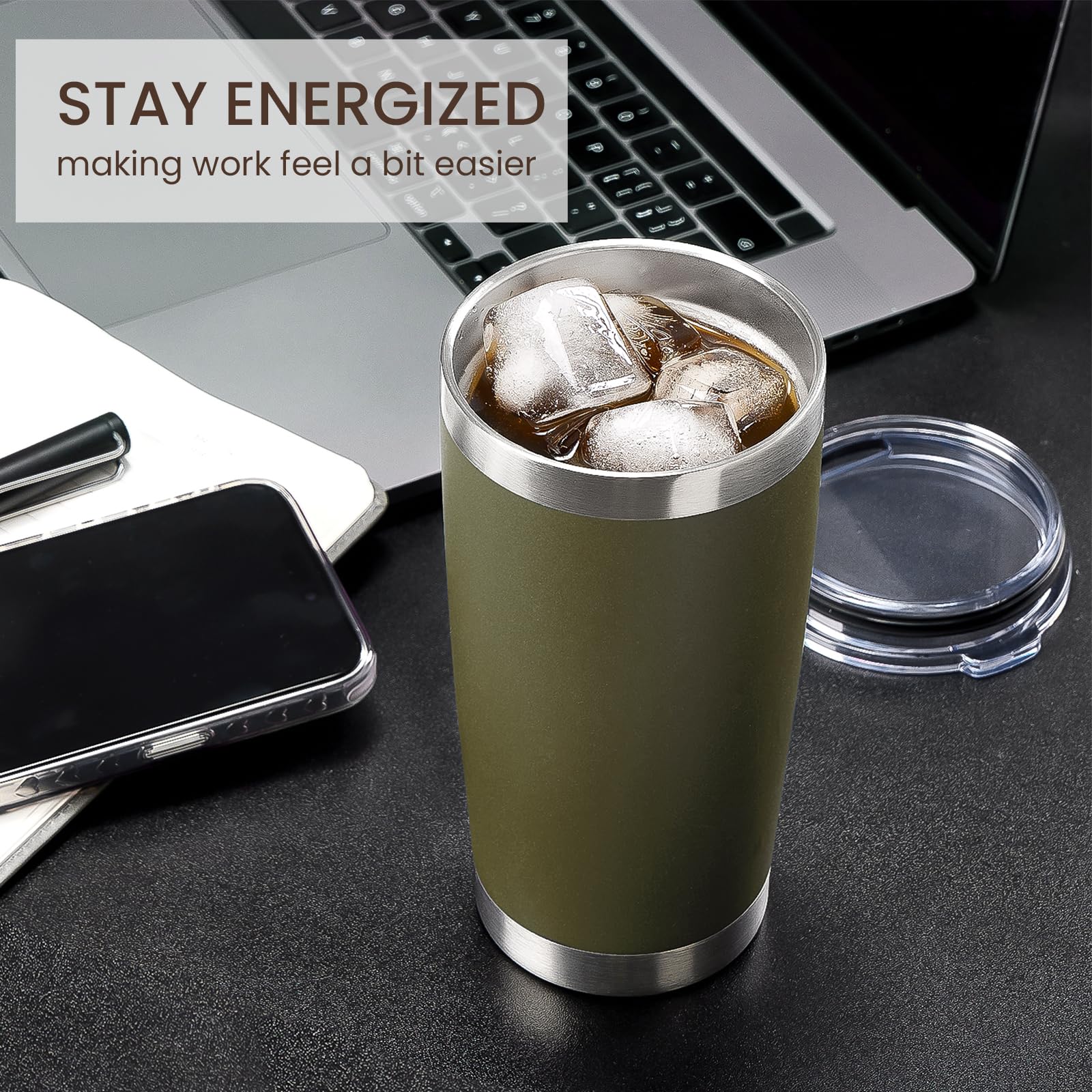 MEWAY 20oz Stainless Steel Tumbler 12 Pack - Double Wall Vacuum Insulated Travel Mug with Lid & Straw - Bulk Powder Coated Coffee Cups for Hot & Cold Drinks (Army Green) - Perfect for Office, Gym, Camping and Outdoor Activities