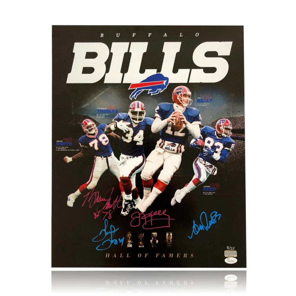Authentic Buffalo Bills Hall of Famers Signed 16x20 Photo - Limited Edition #D/25 with JSA COA - Jim Kelly, Andre Reed, Bruce Smith, Thurman Thomas - Perfect for NFL Memorabilia Collectors and Bills Fans Home Decor