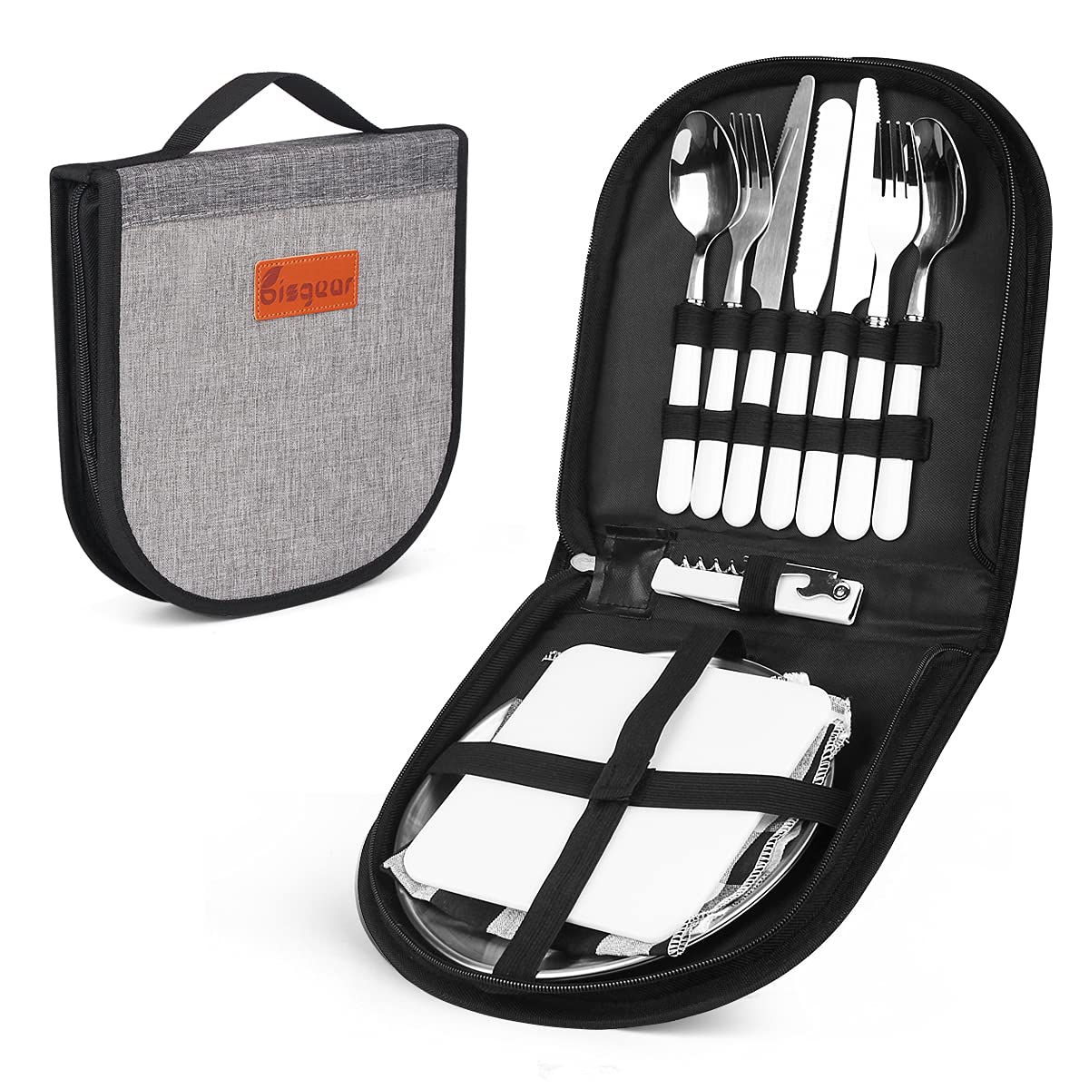 **2-Person Camping Silverware Set - 12-Piece Stainless Steel Mess Kit with Plates, Spoons, Knives, Forks & Wine Opener | Portable Cutlery Organizer for Outdoor, Picnic & Travel**