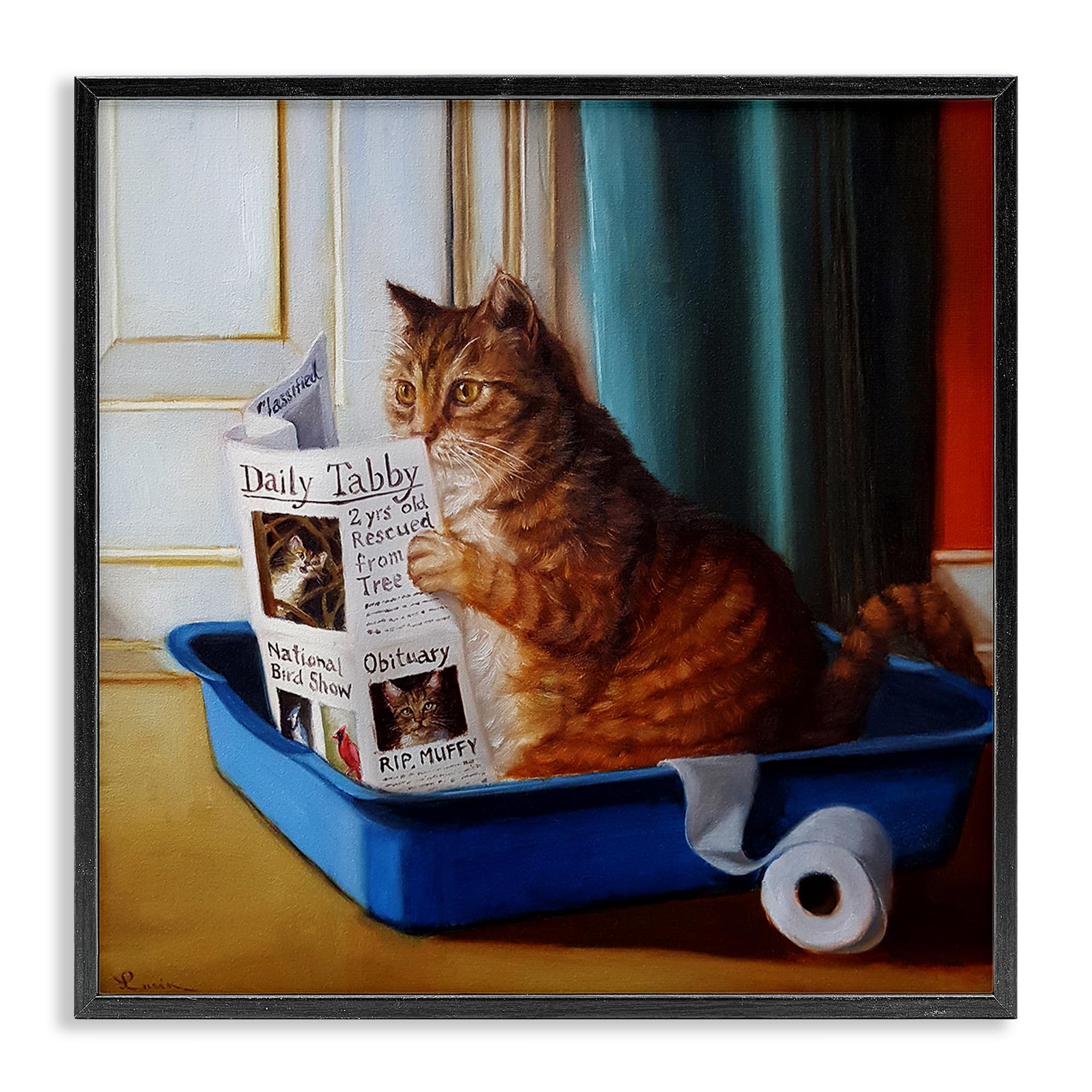 Stupell Industries Funny Cat Litter Box Reading Painting - Lucia Heffernan Black Framed Wall Art, 24x24 Inches, Multi-Color - Perfect for Pet Lover Home Decor & Living Room Wall Decor