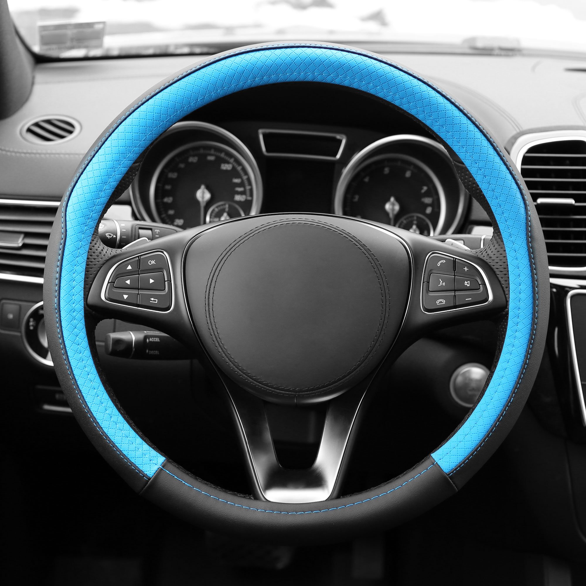 FH Group Geometric Chic Microfiber Leather Steering Wheel Cover - Universal Fit for Cars & SUVs (Blue) | Non-Slip Grip & Heat Protection for Comfortable Driving