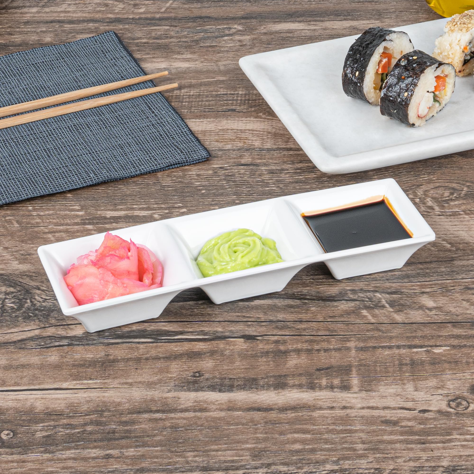 Voga 5 oz Square Melamine Serving Dishes - 3-Compartment Appetizer Plates for Dips, Snacks & Condiments | Party & Event Tableware | Durable White Restaurantware (Set of 10)