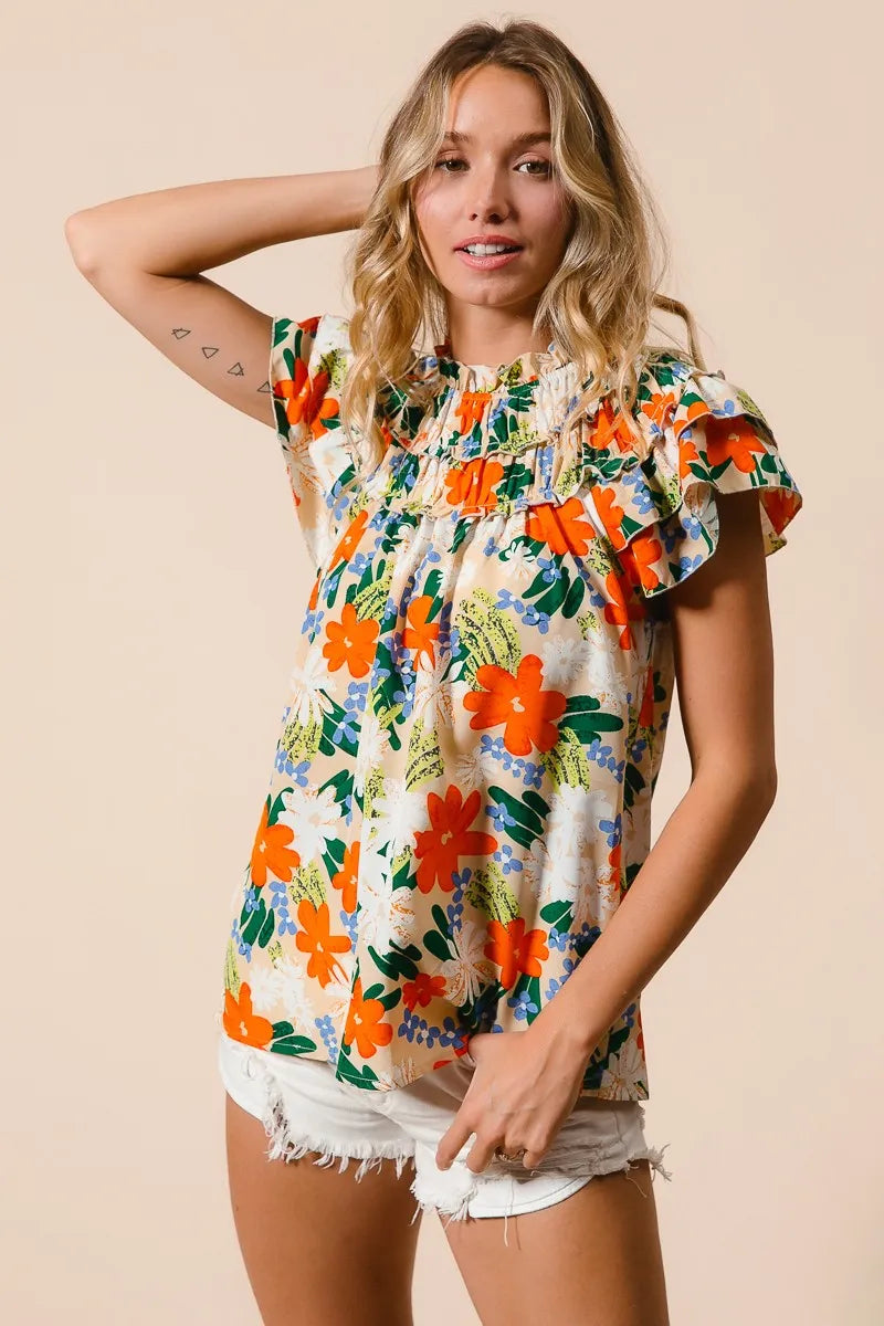 BiBi Women's Floral Print Woven Blouse - Casual Short Sleeve Summer Tops for Beach, Vacation & Everyday Wear