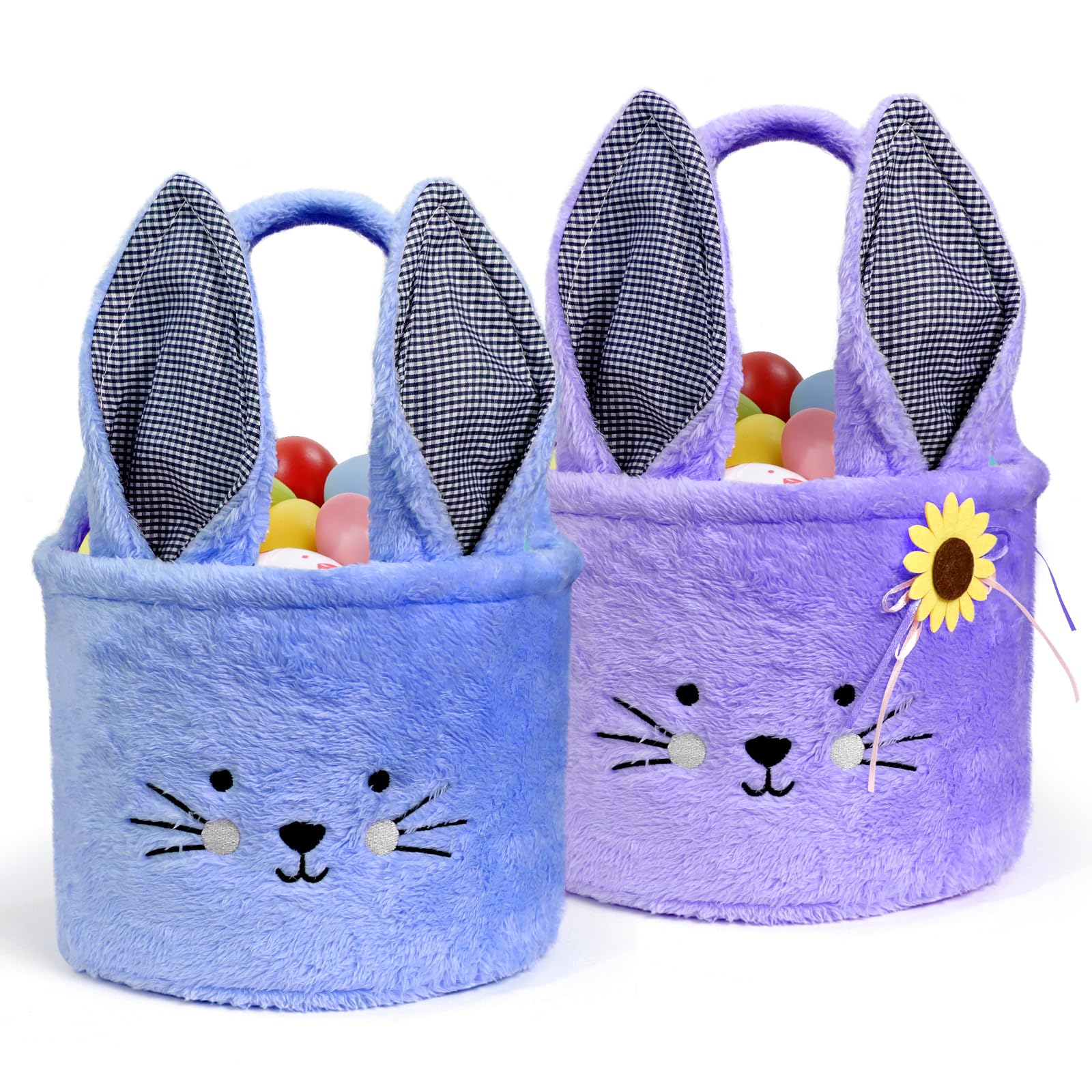 Faylapa 2Pcs Plush Easter Bunny Basket Bags with Plaid Long Ears - Personalized Easter Egg Baskets for Party Decor, Candy Gifts, Easter Egg Hunt & Spring Home Decor (Blue + Purple)