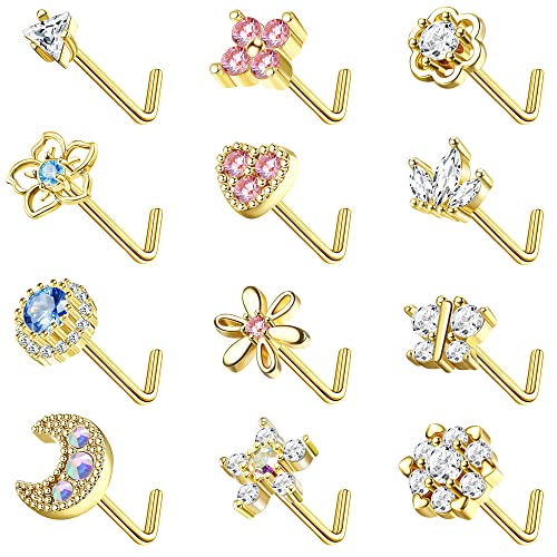Magitaco 12Pcs Stainless Steel Nose Rings - L-Shaped Studs for Women & Men | Butterfly & Heart Designs | Nose Piercing Jewelry for Daily Wear