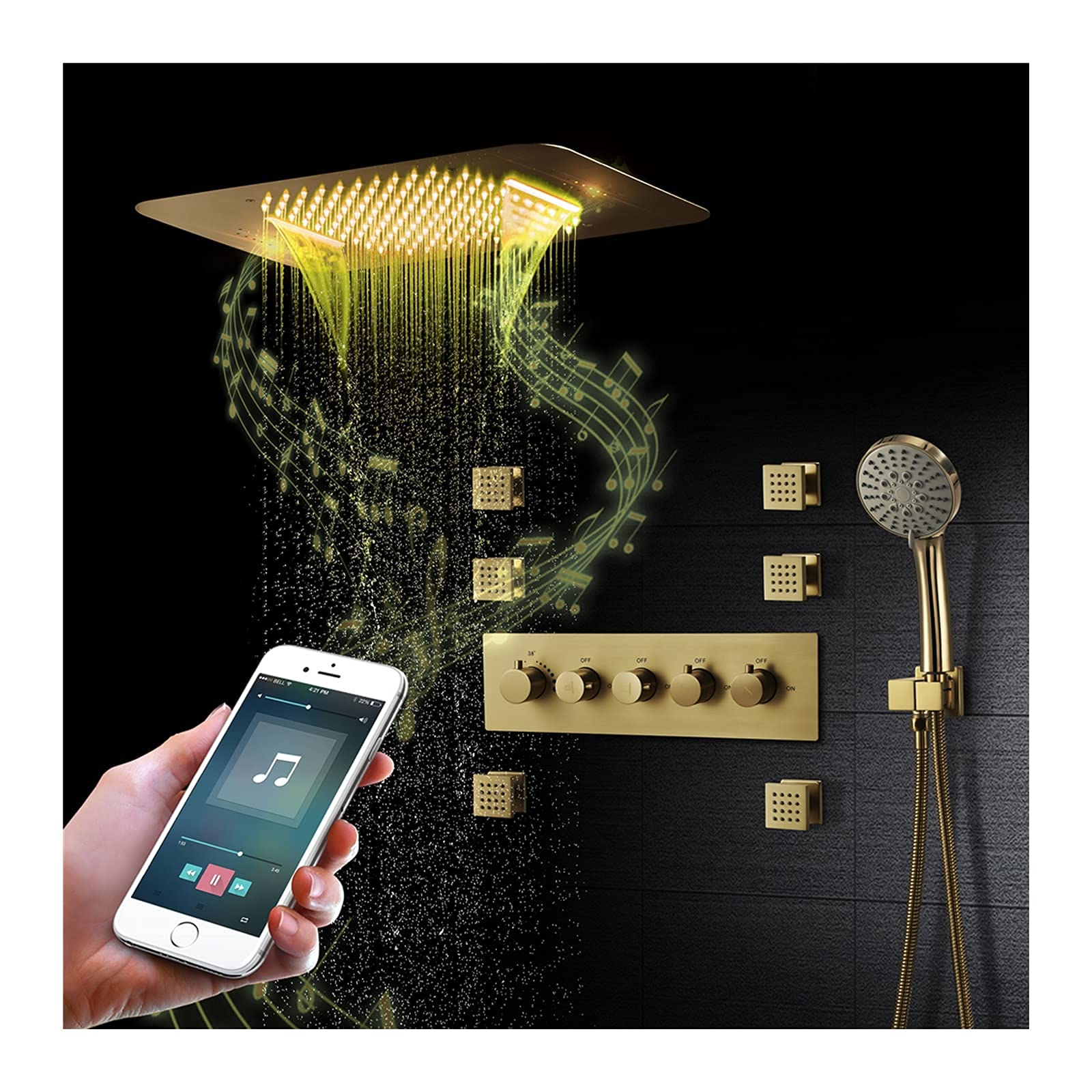 LUNEZY 64-Color LED Brushed Gold Thermostatic Shower Combo Set with Rainfall Shower Head, ABS Handheld Shower & Body Jets - Perfect for Modern Bathroom & Spa Experience