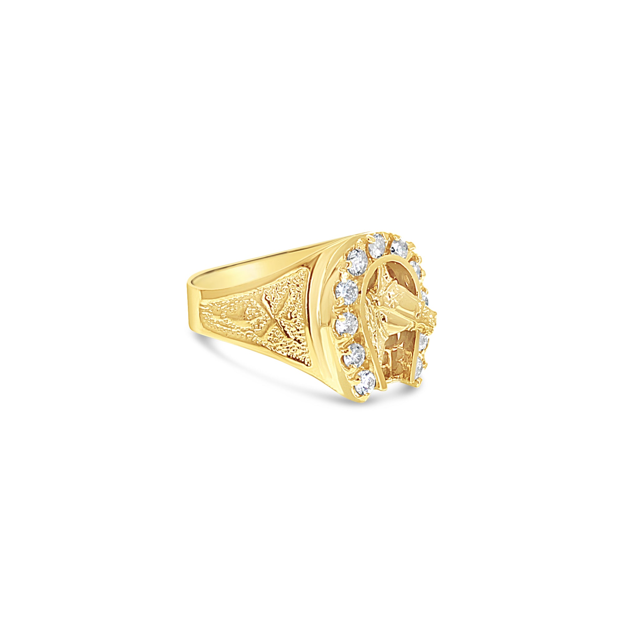 14K Yellow Gold Diamond Horseshoe Ring with Horse Head Design - Perfect for Equestrian Lovers & Western Fashion Jewelry Gifts