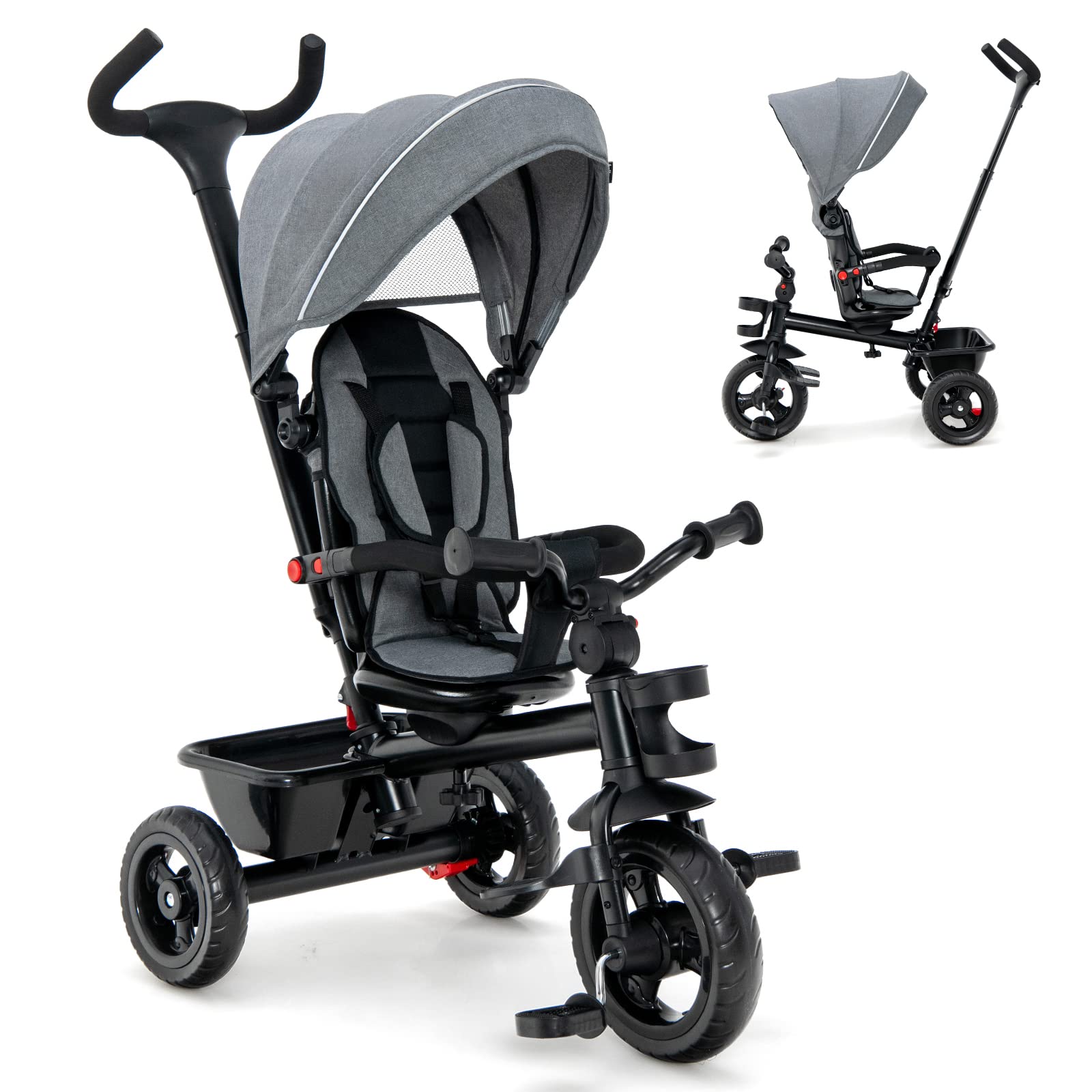 HONEY JOY 5-in-1 Adjustable Baby Tricycle Stroller with Canopy & Push Handle - Reversible Seat, EVA Wheels, Cup Holder & Storage Basket - Toddler Trike for Kids Ages 1.5-5 Years (Gray) - Perfect for Outdoor Walks, Park Visits & Neighborhood Rides