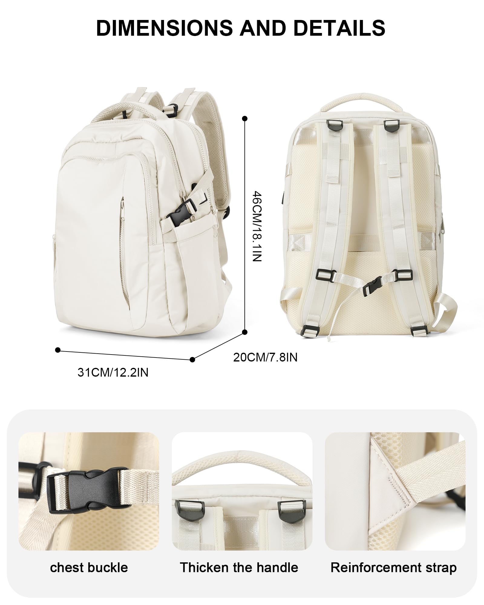 Suwasp Large Airline Approved Carry On Backpack for Women & Men - TSA Compliant Personal Item Bag for Frontier Airlines & Flights, Durable Travel Backpack with Spacious Compartments - Perfect for Business Trips, Weekend Getaways & Commuting (White)