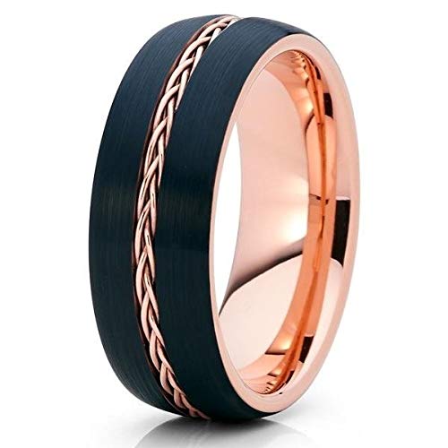 Rose Gold Tungsten Wedding Band - 8MM Black Tungsten Carbide Ring with 18k Rose Gold Plating - Braided Design for Men & Women - Comfort Fit Engagement, Anniversary & Wedding Ring - Perfect for Proposals, Vows & Special Occasions