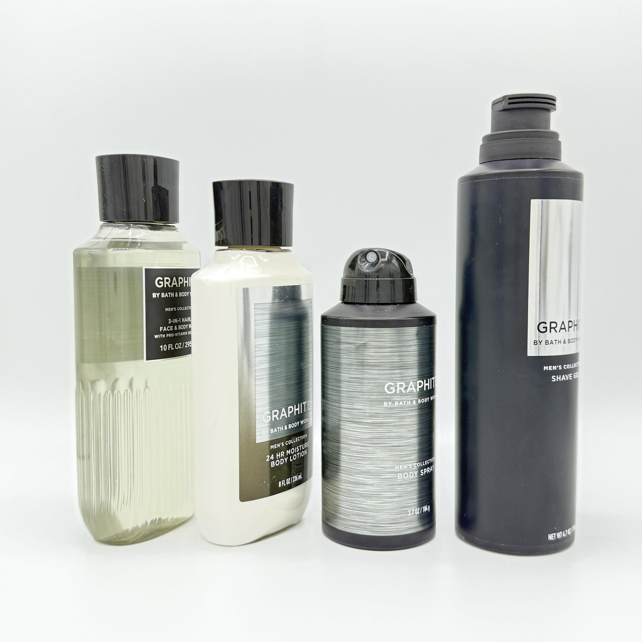 Premium Graphite Scented Men's 4-Piece Bath & Body Gift Set - Body Wash, Lotion, Cologne Spray & Shaving Gel | Perfect for Daily Grooming, Travel & Gift Giving