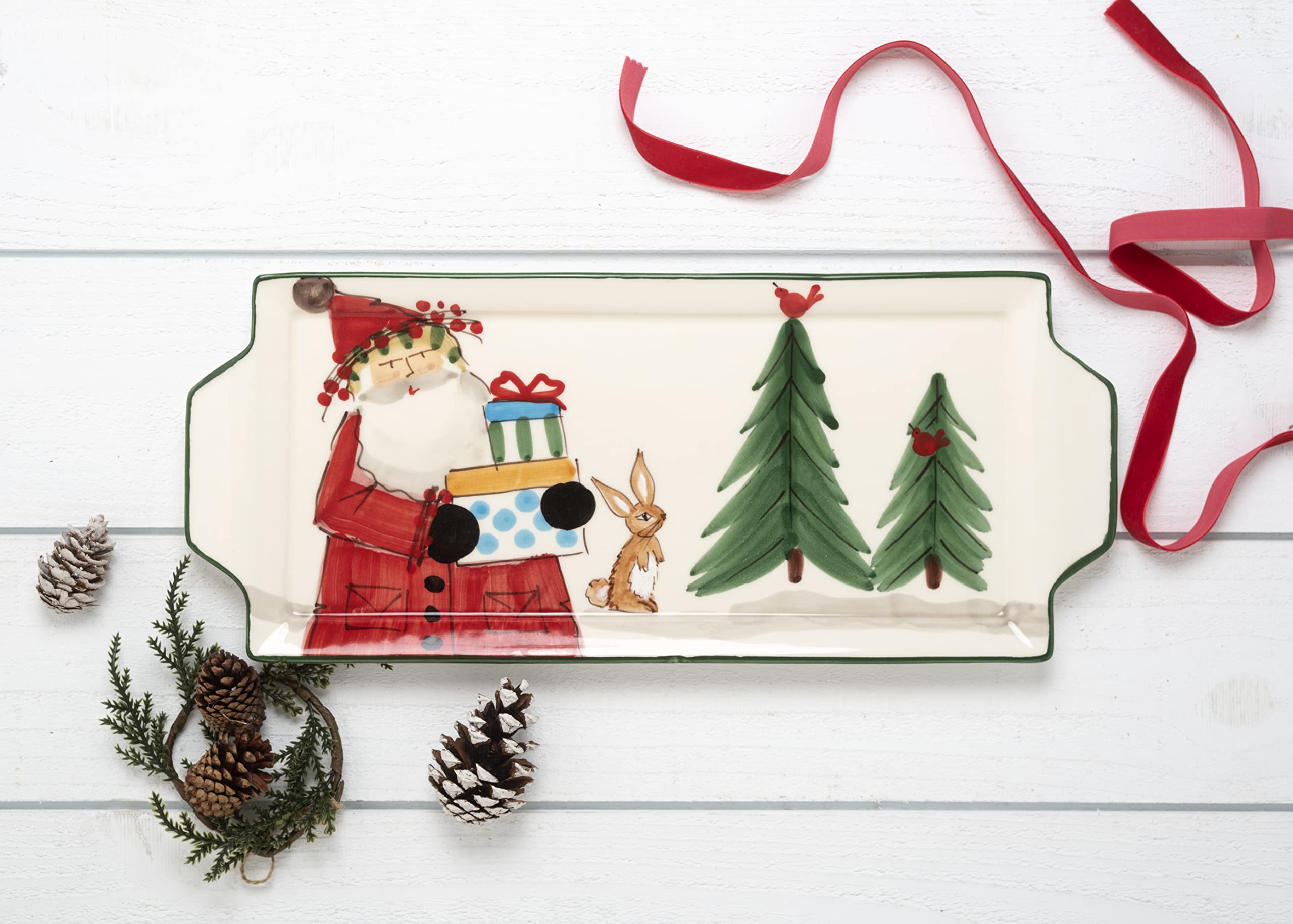 Vietri Old St. Nick Multi-Color Handled Rectangular Platter - 17 Inch Earthenware Serving Plate for Steak, Salad, Dessert & Snacks | Perfect for Holiday Entertaining, Dinner Parties & Buffet Serving