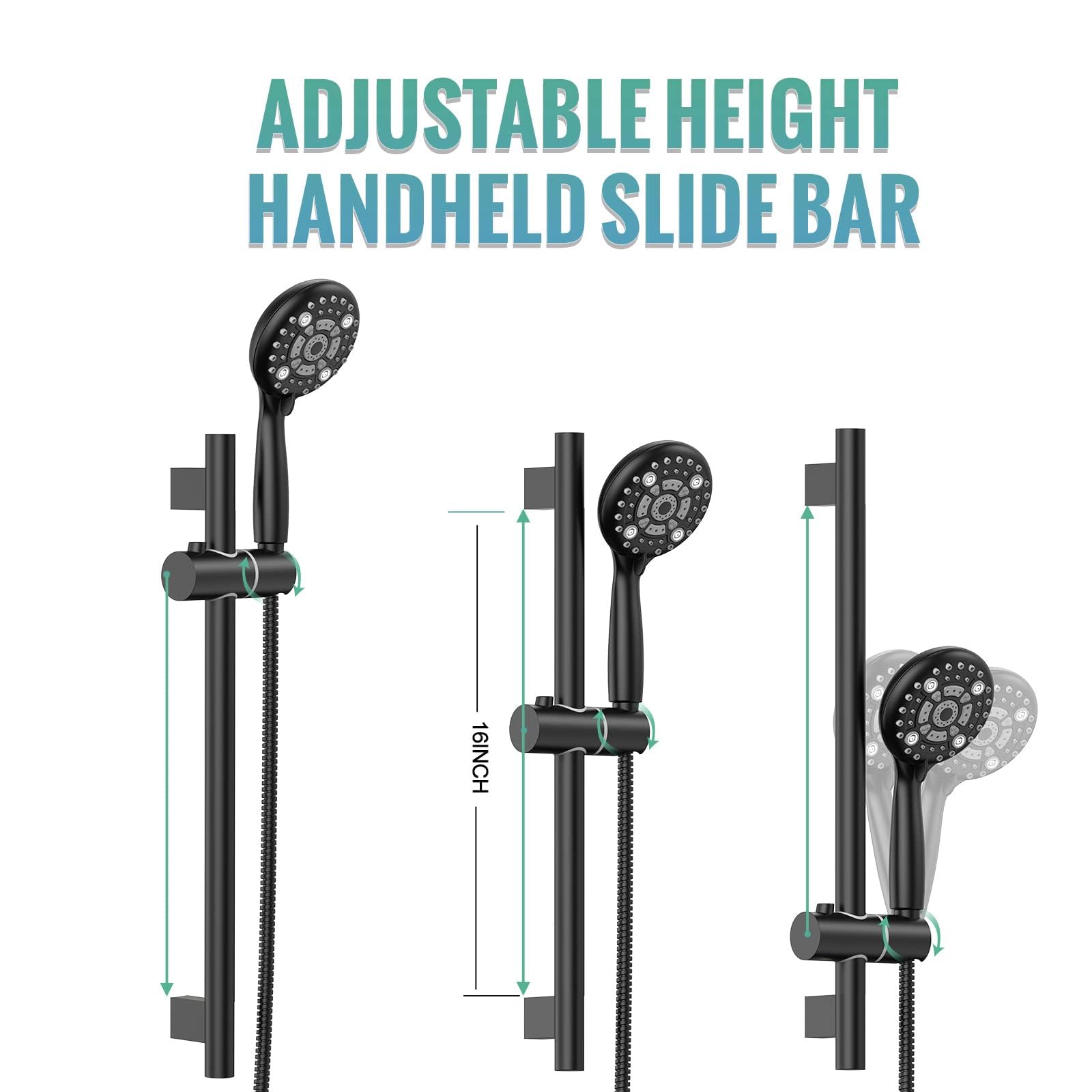 SR SUN RISE 12 Inch Slide Bar Shower System - Round Rainfall Shower Head with 6-Spray Handheld Combo, Wall Mounted Dual Shower Faucet Set Including Valve & Trim Kit in Matte Black - Perfect for Modern Bathroom Renovation and Spa-Like Shower Experience