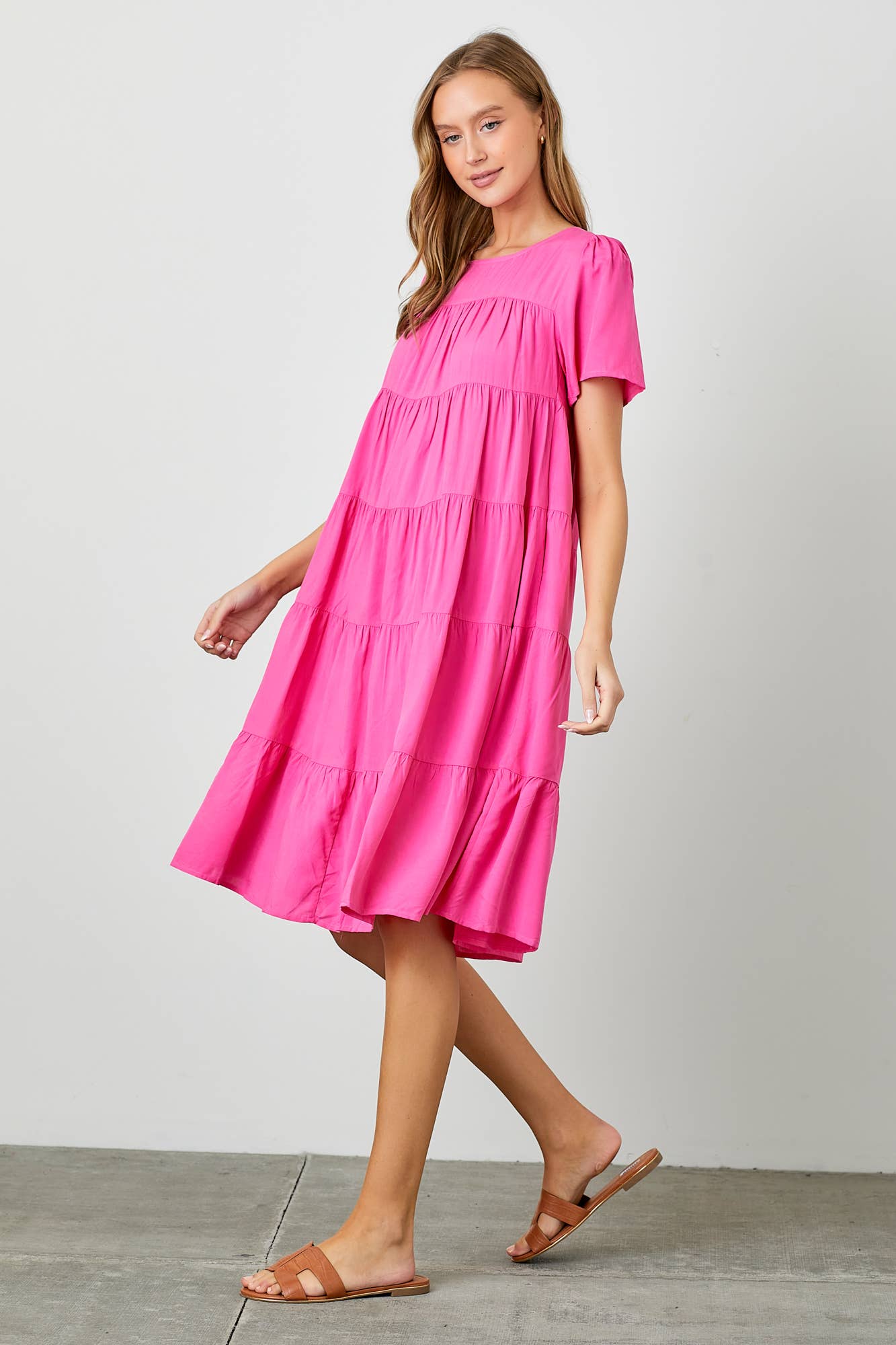 Elegant Fuchsia Tiered Midi Dress with Flowy Sleeves - Women's Casual Summer Dress for Beach, Wedding & Party Wear